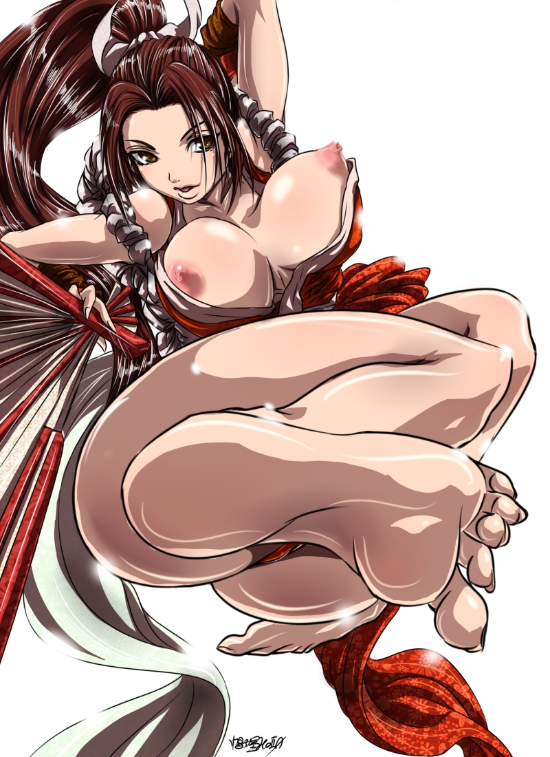 barefoot brown_eyes brown_hair erect_nipples fan feet female female_only human japanese_clothes kimono king_of_fighters long_hair madhatter_hello mai_shiranui nipples pink_nipples ponytail solo tied_hair