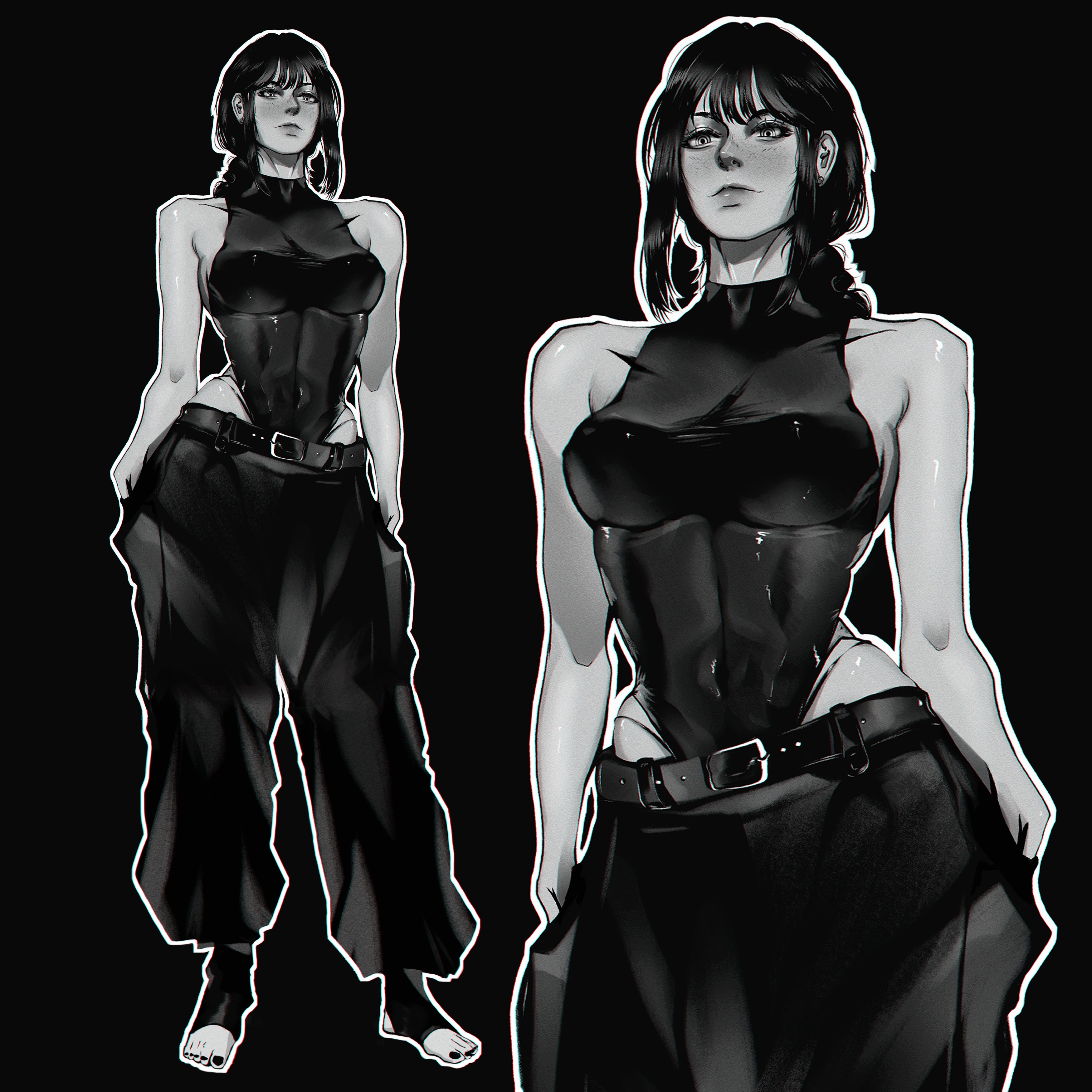 1girls, belly button, belt, big breasts, breasts, chainsaw man, demon, demon girl, dirke, female, female focus, female only, freckles, freckles on face, leotard, long hair, makima (chainsaw man), monochrome, nail polish, nipple bulge, pants, ponytail, shounen jump, sideboob, tagme, tight clothing