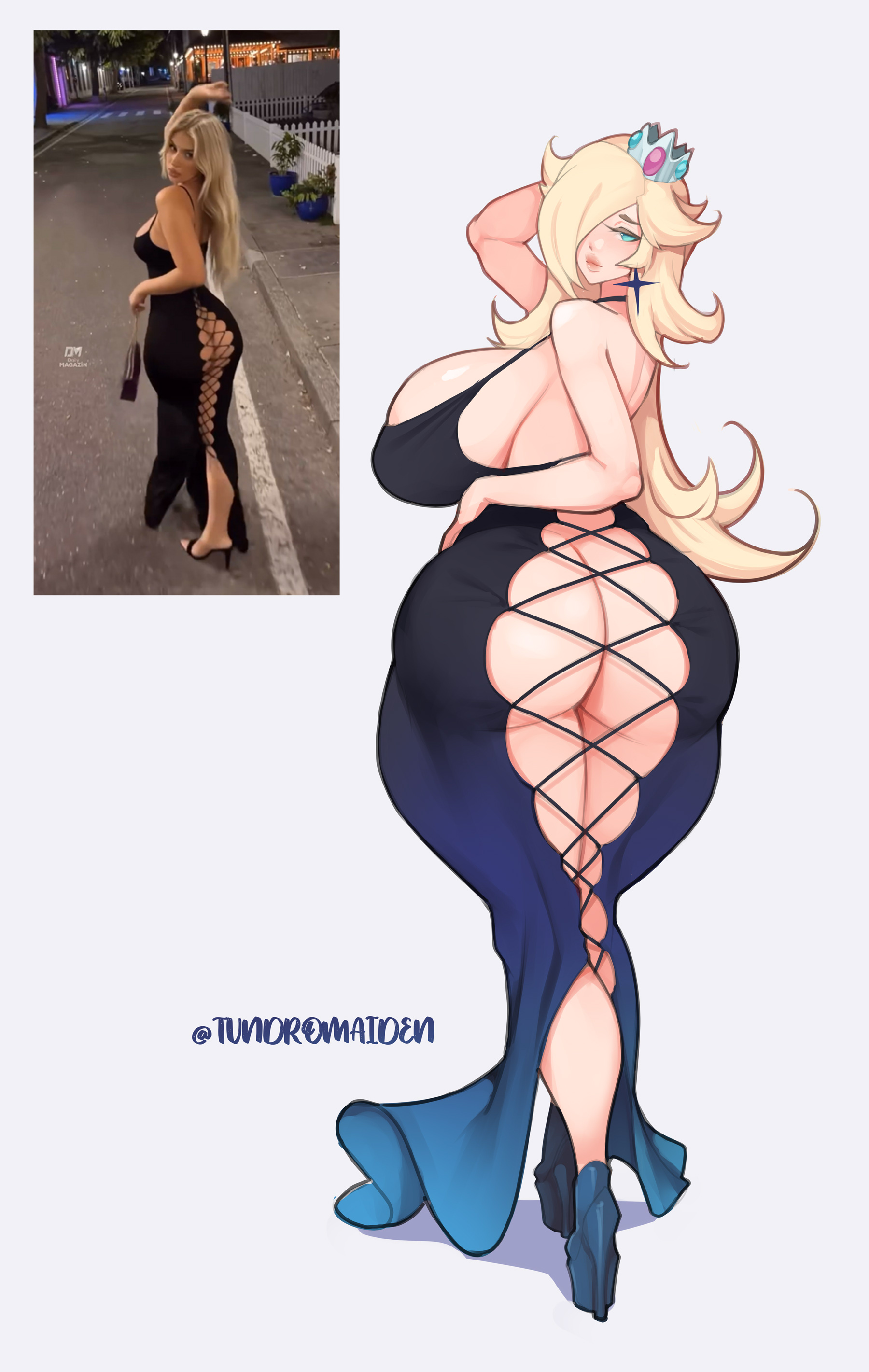 1girls, 2d, ass, backless outfit, big ass, big breasts, black dress, blonde hair, blue dress, blue eyes, chubby, chubby female, clothes, clothing, crown, curvaceous, curvy, curvy figure, dress, earrings, female, female only, hi res, high heels, huge ass, huge breasts, huge thighs, large ass, large breasts, light-skinned female, looking at viewer, looking back, mario (series), meme, meme attire, no panties, pinup, princess rosalina, real picture, suggestive look, super mario galaxy, thick ass, thick thighs, thighs, tundromaiden, voluptuous, voluptuous female, wide hips