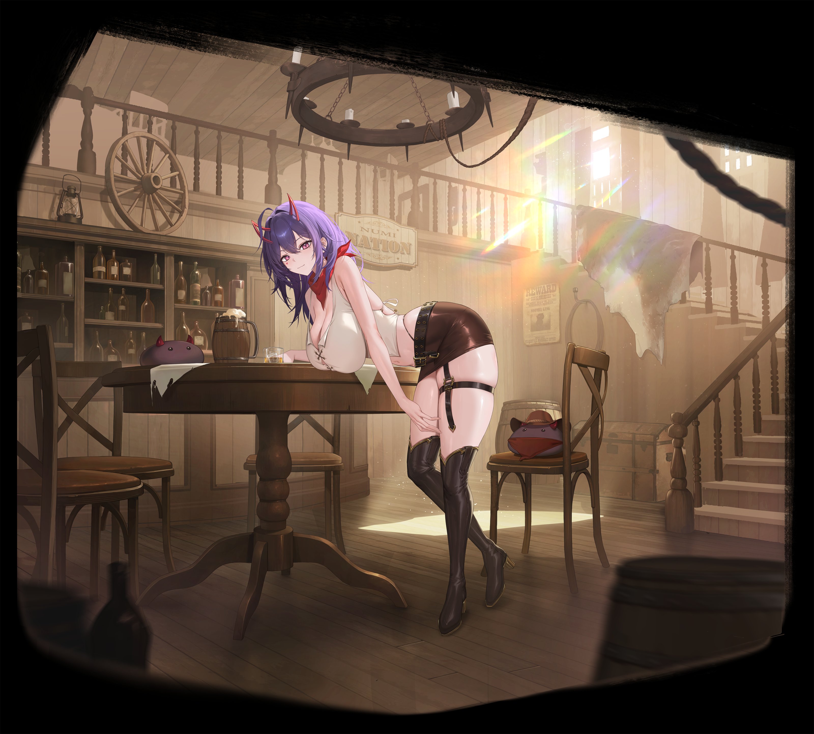 1girl, 1girls, absurdres, ahoge, akuma nihmune, ass, beautiful woman, beer mug, belted skirt, bent over, big breasts, black boots, boots, bottle, breasts, brown skirt, chair, chandelier, child bearing hips, cleavage, cowboy hat, cowgirl (western), cup, demon horns, facial mark, female, hair between eyes, hanging breasts, hat, heart, heart facial mark, heavenly body, highres, horns, huge breasts, indie virtual youtuber, lantern, large breasts, long hair, looking at viewer, massive breasts, mature woman, mole, mole under eye, mug, neckerchief, official alternate costume, official art, pink eyes, purple hair, red horns, red neckerchief, saloon, shirt, sideskirt, skirt, solo, stairs, standing, table, thick, thick thighs, thigh boots, thigh strap, thighs, tits, virtual youtuber, vtuber, wanted poster, whisperingfornothing, white shirt, window, wooden floor