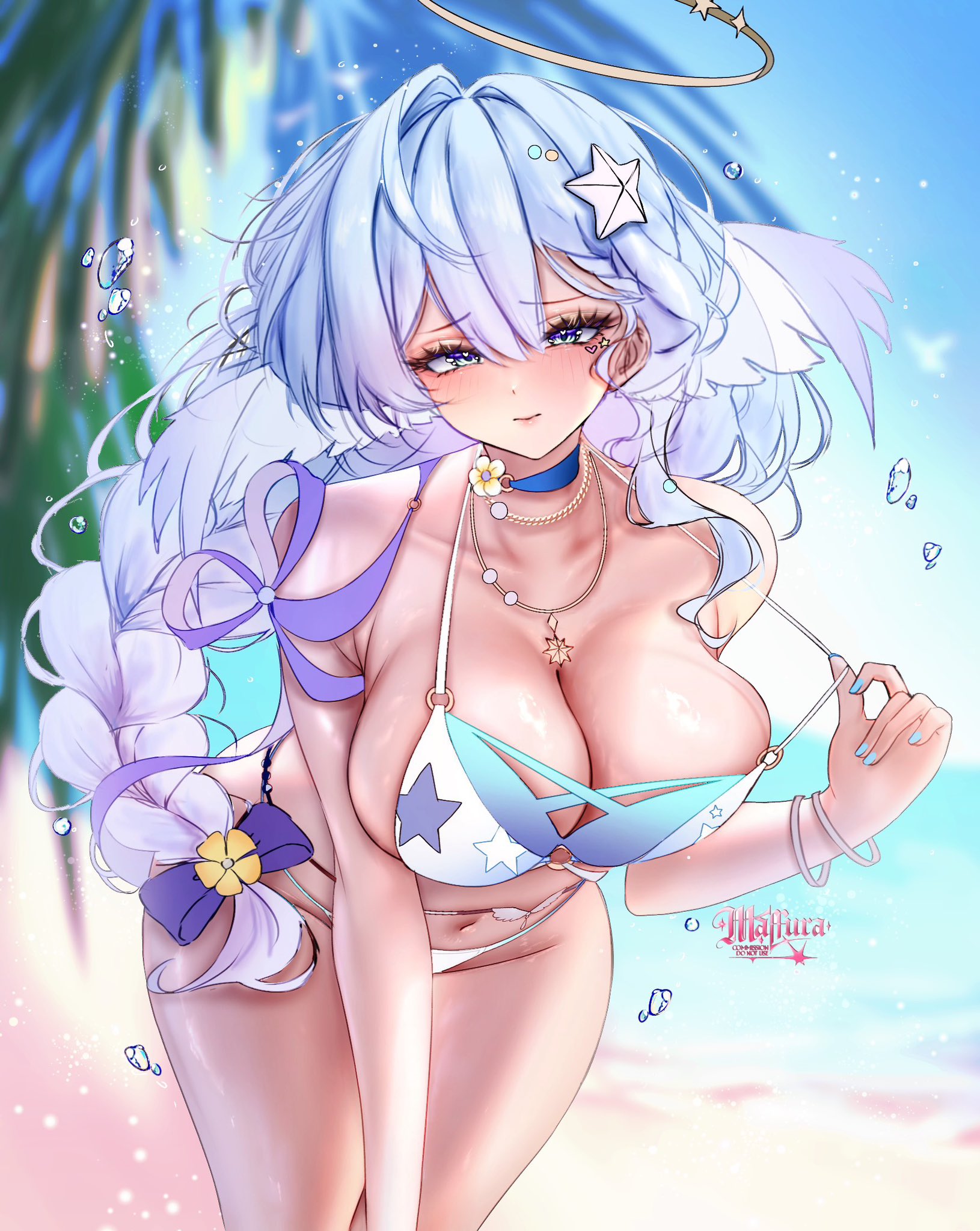 1girl, 1girls, absurdres, angel, artist name, ass, beach, belly, belly button, bending over, bent over, big ass, big breasts, bikini, blue choker, blue eyes, blue hair, blue sky, blush, blushing, breasts, choker, cleavage, collarbone, commentary, cute, female, female focus, female only, fluffy, fluffy hair, hair ornament, halo, head wings, highres, hips, hips wider than shoulders, honkai (series), honkai: star rail, huge ass, huge breasts, inner sideboob, jewelry, large breasts, leaning forward, long hair, looking at viewer, meowmaffura, midriff, navel, necklace, ocean, official alternate costume, panties, ponytail, pulling bikini string, ribbon, robin (honkai: star rail), robin (summeretto) (honkai: star rail), seaside, sideboob, sky, solo, star, star pattern, starfish hair ornament, swimsuit, teasing, thick as fuck, thick thighs, thighs, very long hair, water, white bikini, white wings, wings