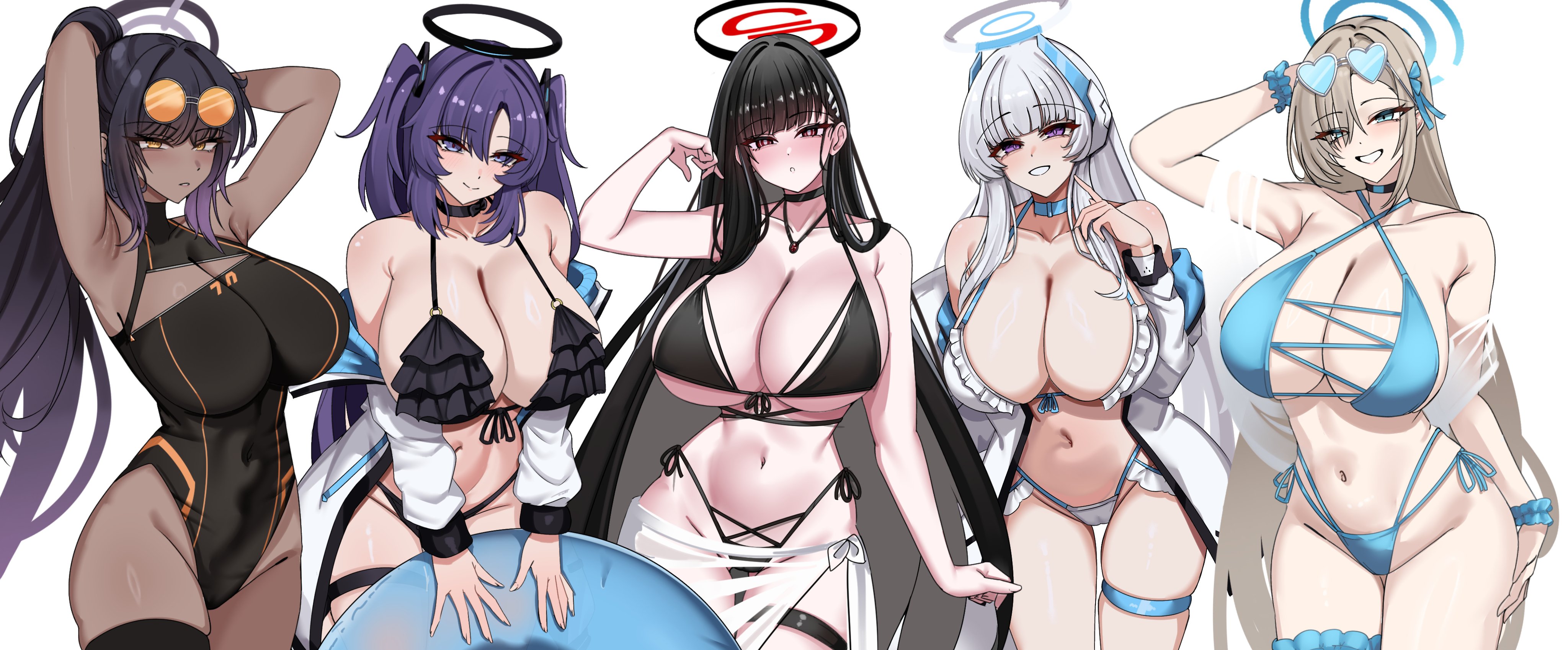 5girls, absurdres, alternate costume, asuna (blue archive), bikini, black hair, blonde hair, blue archive, blue eyes, blue halo, bow, bowtie, breasts, bright pupils, cleavage, commentary request, dark skin, dark-skinned female, hair behind ear, hair ornament, hair over one eye, hairclip, halo, highres, karin (blue archive), large breasts, lengkuass, long hair, mechanical halo, mole, mole on breast, multiple girls, noa (blue archive), purple eyes, purple hair, red eyes, rio (blue archive), smile, swimsuit, two side up, very long hair, white hair, white pupils, yellow eyes, yuuka (blue archive)