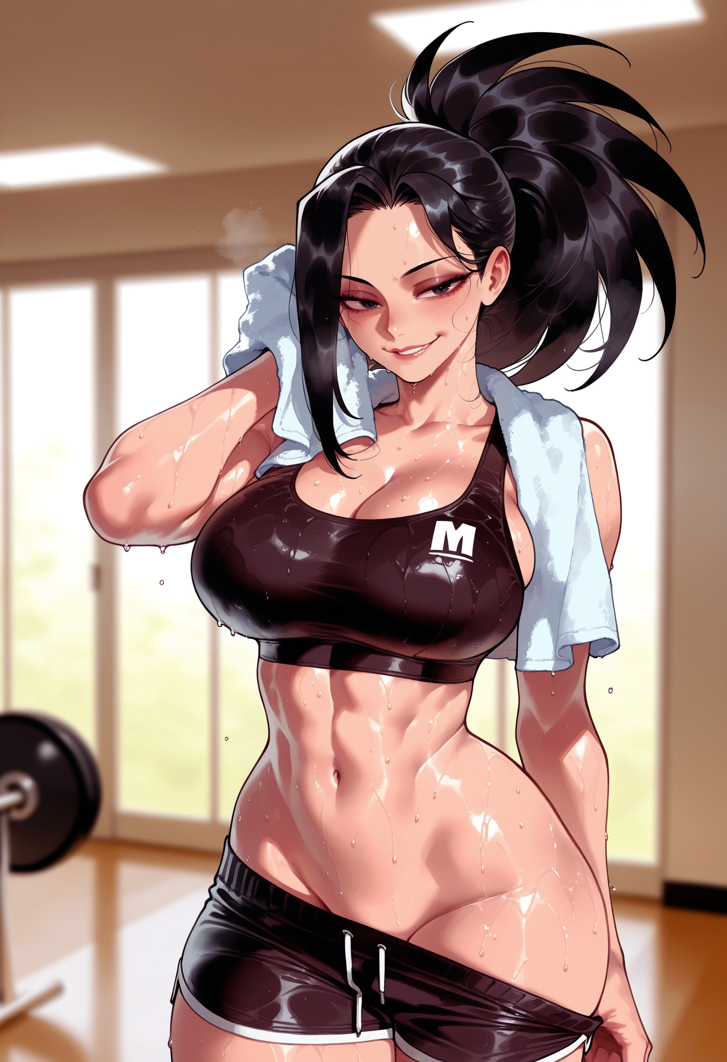 1girl, 1girls, abs, ai generated, balecxi, black eyes, black hair, black shorts, black sports bra, blurry background, blush, boku no hero academia, bra, breasts, cleavage, clothes pull, clothing, collarbone, curvaceous, curvaceous female, curvaceous figure, curvy, curvy figure, drawstring, dumbbell, exercise, female, female focus, grin, groin, gym, gym shorts, hair pulled back, holding towel, huge breasts, indoors, inviting, inviting to sex, large breasts, long hair, looking at viewer, midriff, momo yaoyorozu, my hero academia, narrow waist, naughty face, navel, ponytail, presenting, presenting ass, presenting breasts, presenting hindquarters, presenting self, pulled by self, seductive, seductive look, seductive smile, shiny skin, short shorts, shorts, shorts pull, smile, solo, sports bra, sportswear, standing, stomach, sweat, sweaty clothes, thick thighs, thighs, toned, towel, towel around neck, voluptuous, voluptuous female, weights, wet, wide hips, wiping face, wiping sweat, yaoyorozu momo