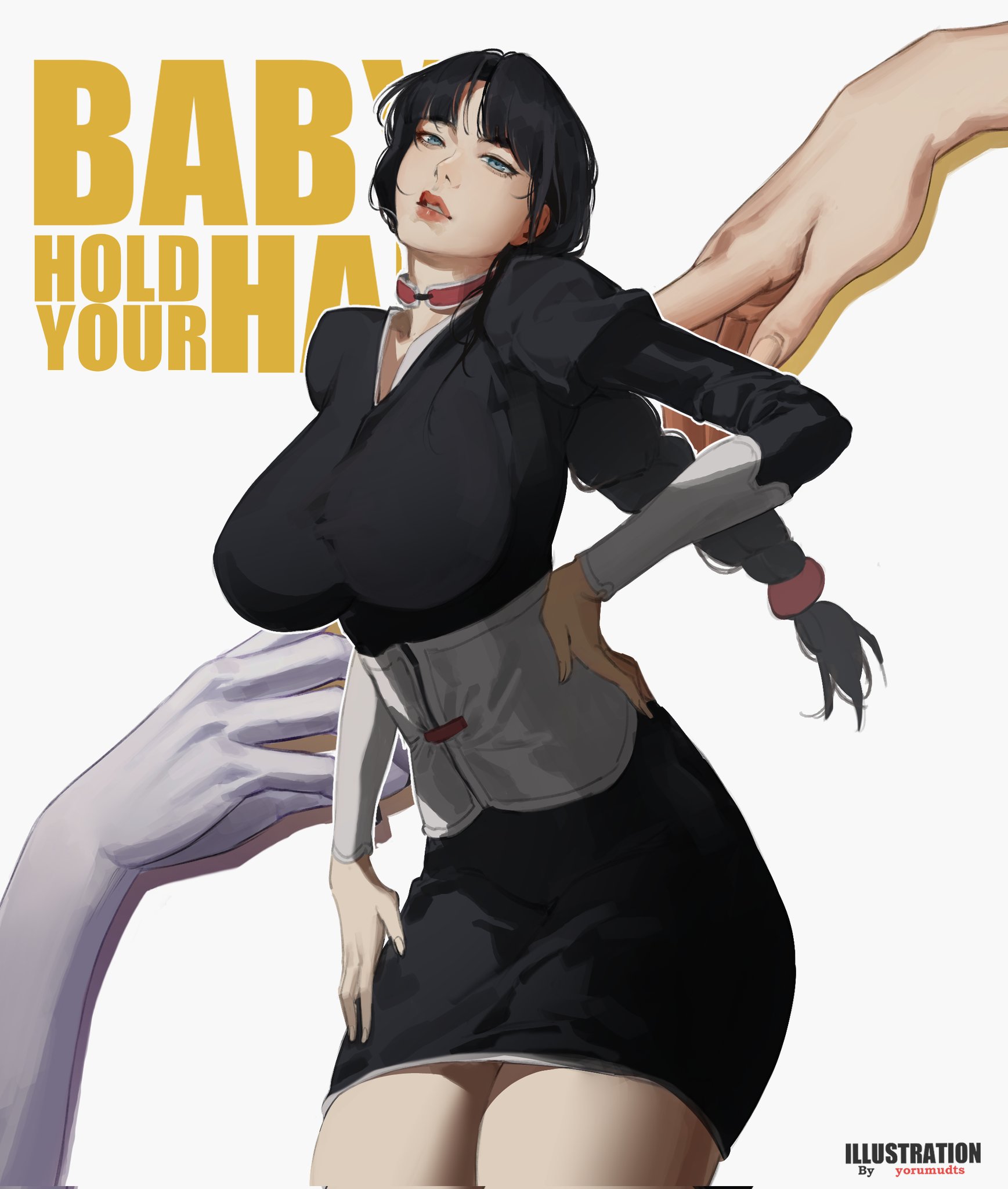 2d, arched back, artist logo, artist name, artist request, artist signature, black hair, bleach, bleach: the thousand-year blood war, blue eyes, bob cut, braided ponytail, child bearing hips, hourglass figure, hourglass figured female, kurotsuchi nemu, large breasts, long hair, miniskirt, nemu kurotsuchi, ponytail, skirt, slim waist, tagme, thick lips, thick thighs, tied hair, white background, wide hips