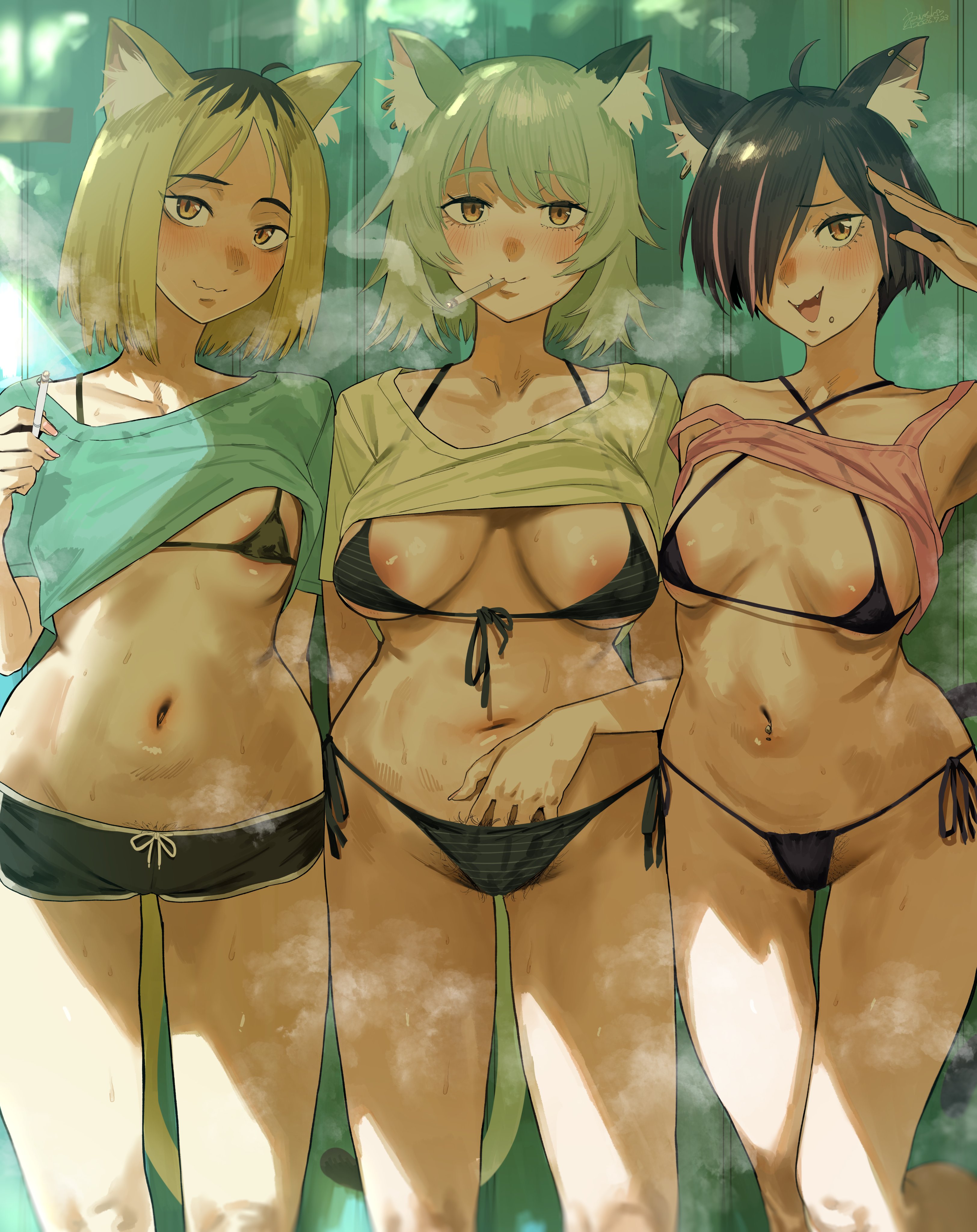 3girls, areola peek, areolae peeking, areolae slip, bikini, chainsmoker cat, character request, cigarette, cigarette in mouth, cigarette smoke, hame neko, hand in own panties, hero neisan, medium breasts, pubic hair, pubic hair peek, shirt lift, small breasts, smoke, smoking, smoking cigarette, yaku neko (yani neko), yani neko, yani neko (yani neko)