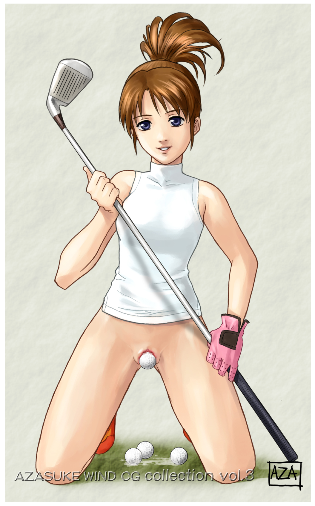 azasuke ball censored golf_ball golf_club highres hot_shots_golf looking_at_viewer nanako_(hot_shots_golf) text