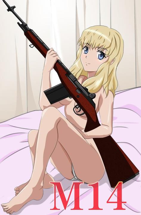 1girls ass bed blonde_hair blue_eyes blush breasts gun long_hair panties pointy_chin rifle solo topless underboob upotte!! weapon