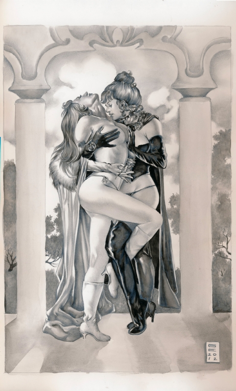 2012 black_queen emma_frost female gene_espy jean_grey marvel monochrome multiple_girls white_queen x-men yuri