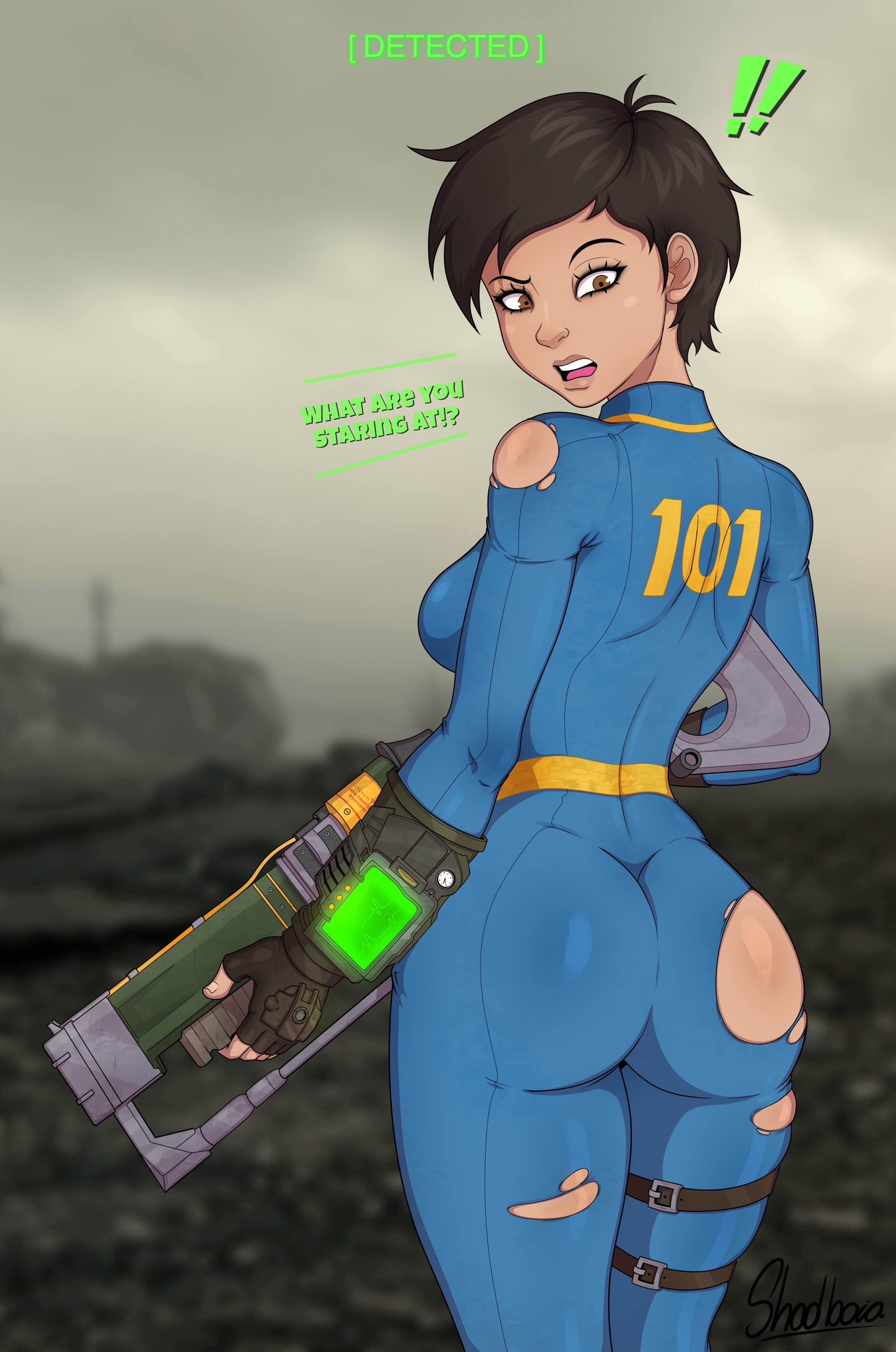 !, 1girls, 2025, 2d, 2d (artwork), alternate version available, artist name, ass, ass bigger than head, ass focus, ass up, big ass, black hair, bodysuit, breasts, brown eyes, brown hair, bubble ass, bubble butt, camel toe, cameltoe, cloth, clothed, clothed female, commission, curvaceous, curvy, curvy body, curvy female, curvy figure, english text, fallout, fallout (series), fallout 3, fat ass, female, female only, gun, high quality, high resolution, highres, huge ass, huge butt, huge thighs, human, human only, laser rifle, lone wanderer, looking back, massive ass, massive thighs, medium breasts, original character, pinup, rifle, ripped bodysuit, ripped clothing, ripped pants, shadboya, short hair, sideboob, simple background, skin tight, skinsuit, skintight, skintight bodysuit, skintight clothing, solo, text, thick ass, thick legs, thick thighs, thighs, thunder thighs, thunderthighs, tight clothing, torn bodysuit, torn clothes, torn clothing, variant set, vault girl, vault suit, weapon, white background, wide hips, wide thighs