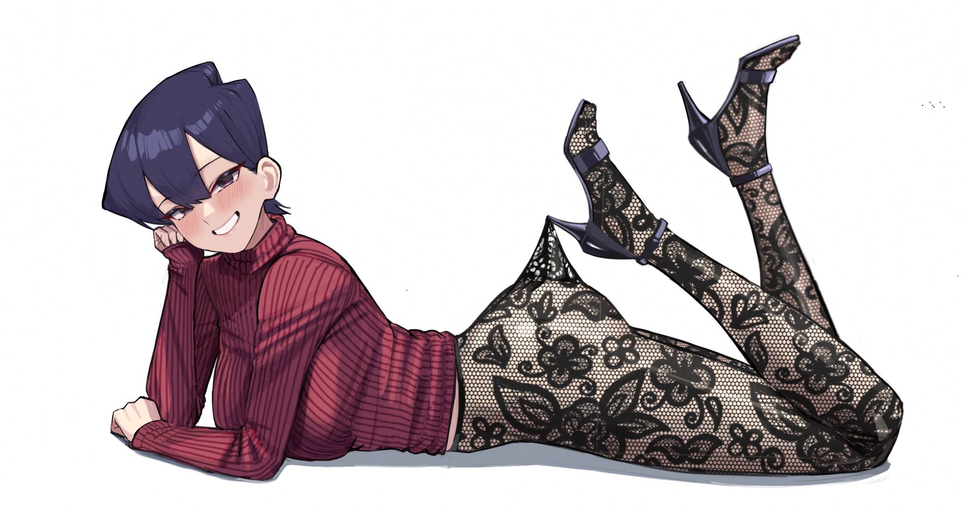 arm support, ass, ayatak0517, black pantyhose, blush, breast press, breasts, female, floral print, from side, full body, grin, hair between eyes, heart, heart-shaped pupils, high heels, high-waist pantyhose, highres, komi shuuko, komi-san wa komyushou desu, lace pantyhose hooked on heel (meme), large breasts, long sleeves, looking at viewer, lying, mature female, meme, on stomach, pantyhose, purple hair, red sweater, short hair, simple background, smile, solo, sweater, symbol-shaped pupils, turtleneck, turtleneck sweater, white background