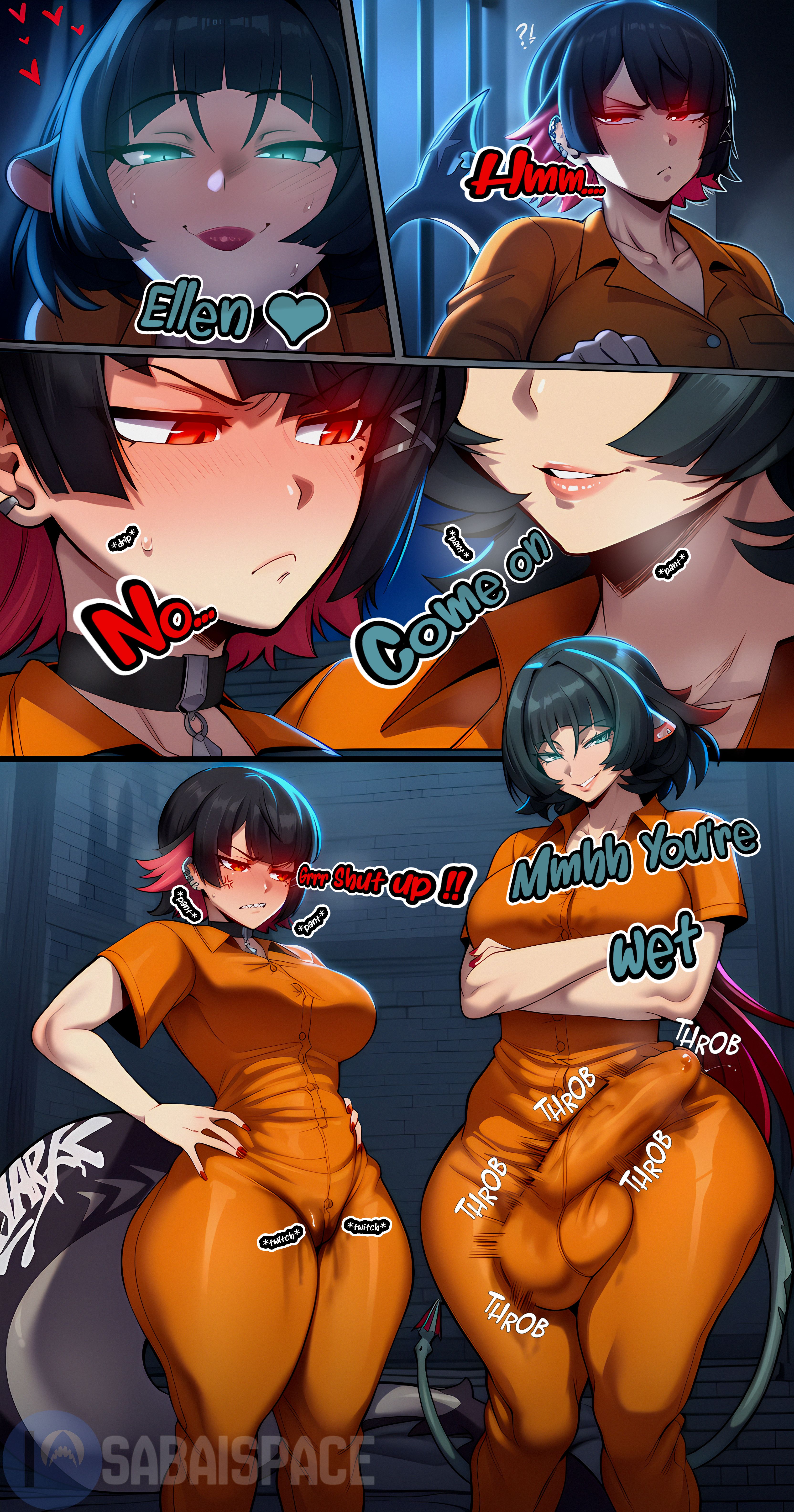 ai generated, alternate costume, anger vein, annoyed, black hair, bulge, bulge through clothing, cameltail, covered penis, ellen joe, grey eyes, heart, heavy breathing, inner hair, jane doe (zenless zone zero), onomatopoeia, orange pants, orange shirt, patreon, prison, prison cell, prison clothes, prisoner, pussy juice, rat tail, red eyes, sabaispace, shark tail, smirk, throbbing penis, tight clothing, wet pussy, zenless zone zero