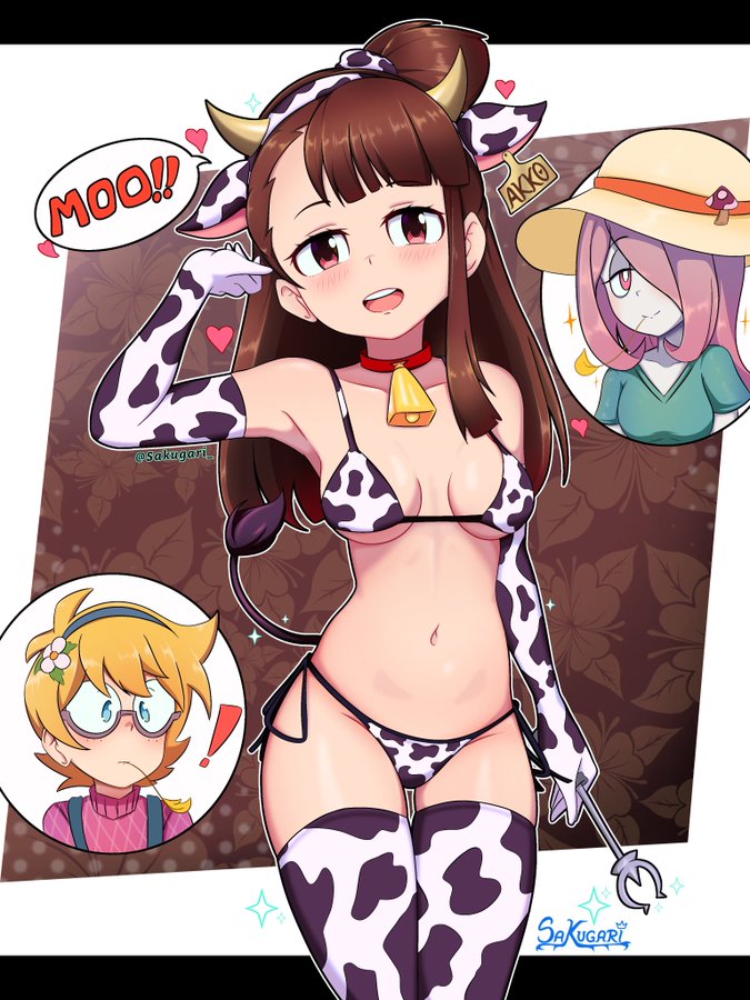 3girls, animal costume, animal ears, animal print, artist name, atsuko kagari, bell, bikini, blush, breasts, brown hair, commentary, cow ears, cow print, elbow gloves, english commentary, female, female only, gloves, hair over one eye, hairband, hat, heart, horns, little witch academia, long hair, looking at viewer, lotte jansson, multiple girls, navel, open mouth, print bikini, print gloves, print legwear, red eyes, short hair, side-tie bikini, smile, studio trigger, sucy manbavaran, swimsuit, tail, thighhighs