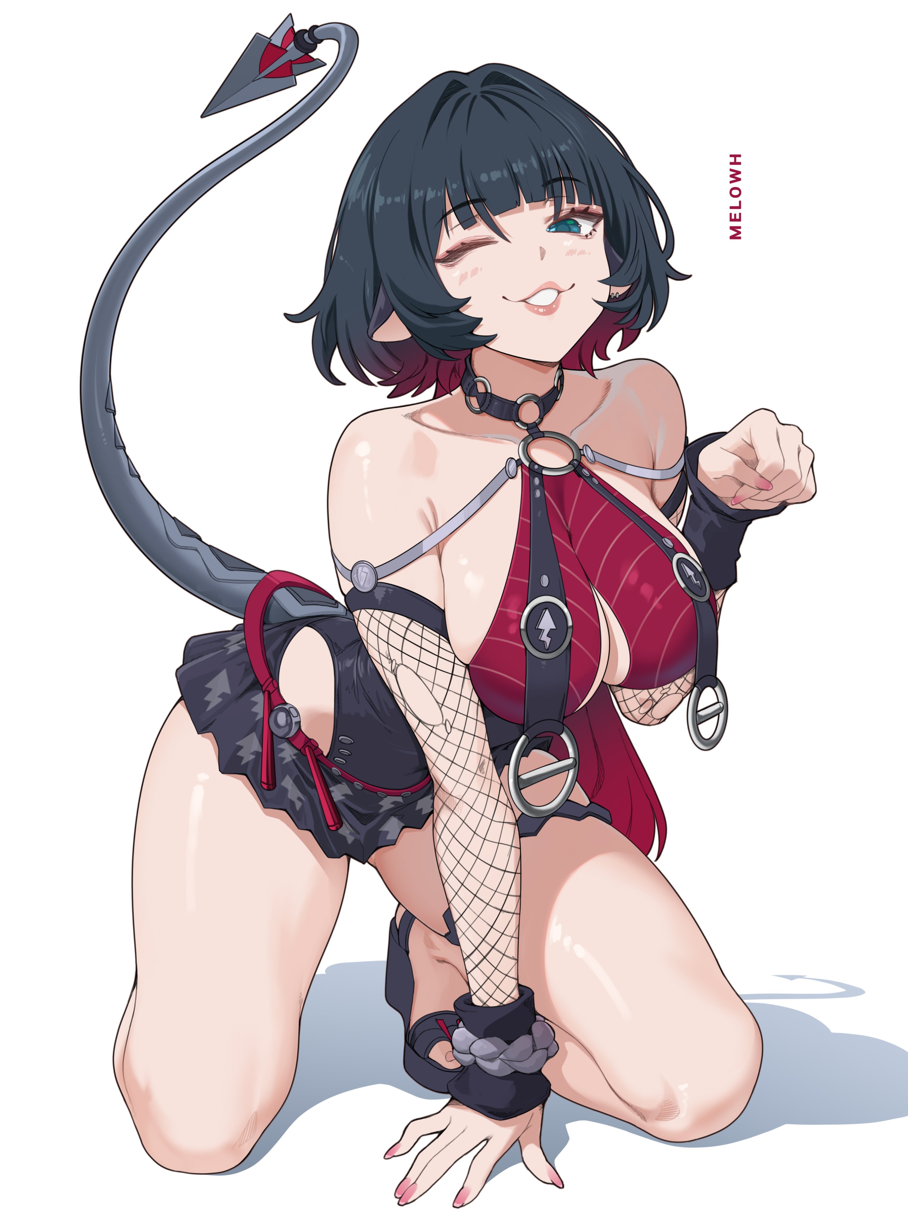 1girls, absurdres, animal ears, bare shoulders, black hair, black one-piece swimsuit, breast curtains, breasts, choker, commentary, english commentary, female, female only, fishnet sleeves, fishnets, green eyes, highres, jane doe (nocturne of light) (zenless zone zero), jane doe (zenless zone zero), kneeling, large breasts, long hair, looking at viewer, melowh, mouse ears, mouse girl, mouse tail, multicolored hair, o-ring, o-ring choker, o-ring swimsuit, official alternate costume, one-piece swimsuit, paw pose, red hair, sharp tail, smile, solo, swimsuit, tail, two-tone one-piece swimsuit, zenless zone zero