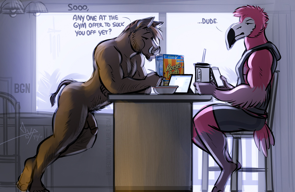 ... 2017 ? anthro arm_hair avian balls barefoot beak bgn biped bird black_eyebrows black_eyes boar body_hair bowl brown_balls brown_fur brown_hair brown_penis brown_tail casual_nudity cereal chair chest_hair clothed clothing counter cup detailed_background dialogue digital_media_(artwork) duo dylan_(bgn) english_text eyebrows feathers flaccid flamingo food fur hair hoodie humanoid_penis inside kitchen leaning leaning_forward leg_hair male male_only mammal multicolored_feathers multicolored_tail nolan_(bgn) nude penis pink_feathers pink_tail porcine roommates signature sleeveless snout spoon tail_tuft text tuft tusks two_tone_tail url white_feathers white_tail window