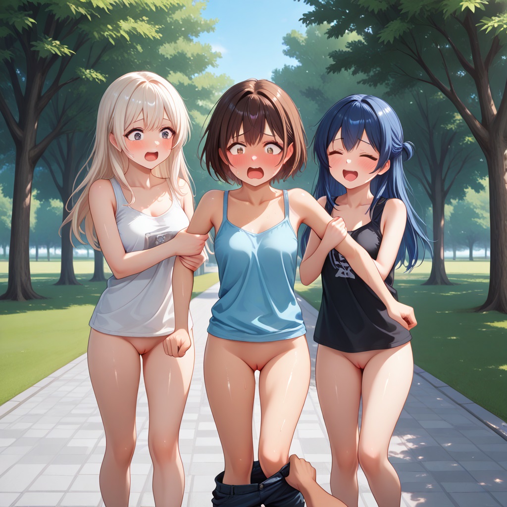ai generated, arms restrained, assisted exposure, blush, bottomless, breasts, bullying, clothes pull, embarrassed, embarrassed nude female, embarrassed underwear female, enf, euf, exhibitionism, exhibitionist, glj-enf, half naked, half-dressed, holding arm, holding arms, humiliated, humiliation, laughing, multiple girls, nipples, no panties, no underwear, nude from the waist down, original, panties down, pants down, pants pull, pants pulled down, pants pulling, pants removed, pantsed, pantsing, pantsless, panty pull, park, public, public exposure, public humiliation, public indecency, public nudity, pussy, screaming, shiny skin, shocked, shocked expression, short hair, shorts down, shorts pull, story at source, street, stripped, stripping, surprised, surprised expression, tanned, undressed, undressed by others, yuri