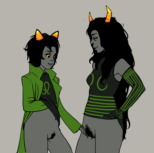 2girls ass black_hair brothatslewd clothing fangs green_eyes grey_background grey_skin hand_under_shirt homestuck horns long_hair milf mother_and_daughter ms_paint_adventures multiple_girls nepeta_leijon no_panties pubic_hair pussy short_hair the_disciple troll yellow_eyes zaagn