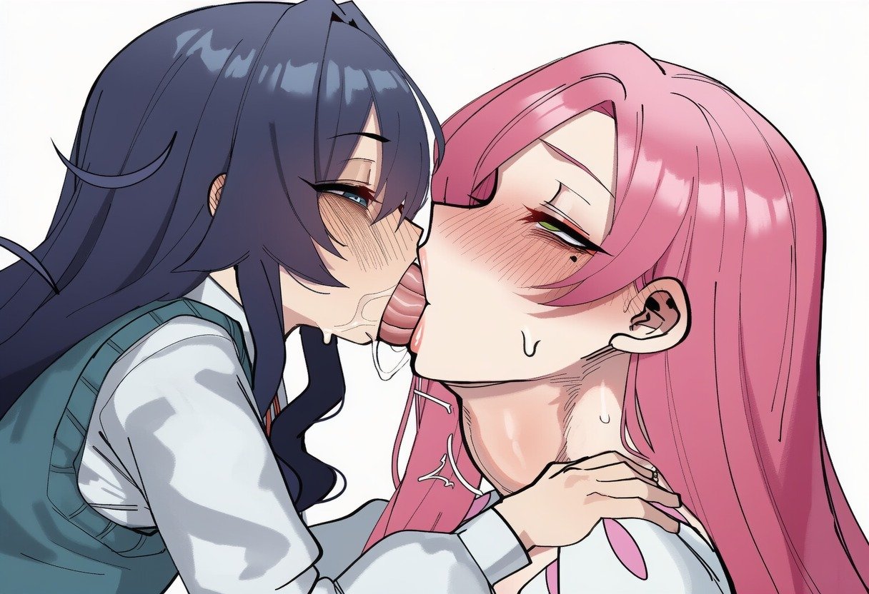 2girls, ai art, ai generated, artist request, big breasts, blue hair, closed eyes, curvaceous, curvaceous female, curvaceous figure, curves, curvy, curvy body, curvy female, curvy figure, curvy hips, embarrassed, embarrassed female, extreme french kiss, female only, french kiss, grabbing, hanazono hahari, kimi no koto ga dai dai dai dai daisuki na 100-nin no kanojo, kissing, long hair, long tongue, milf, pink hair, shortstack, tagme, the 100 girlfriends who really really really really really love you, throat bulge, tongue bulge, tongue kiss, upper body, yoshimoto shizuka, yuri