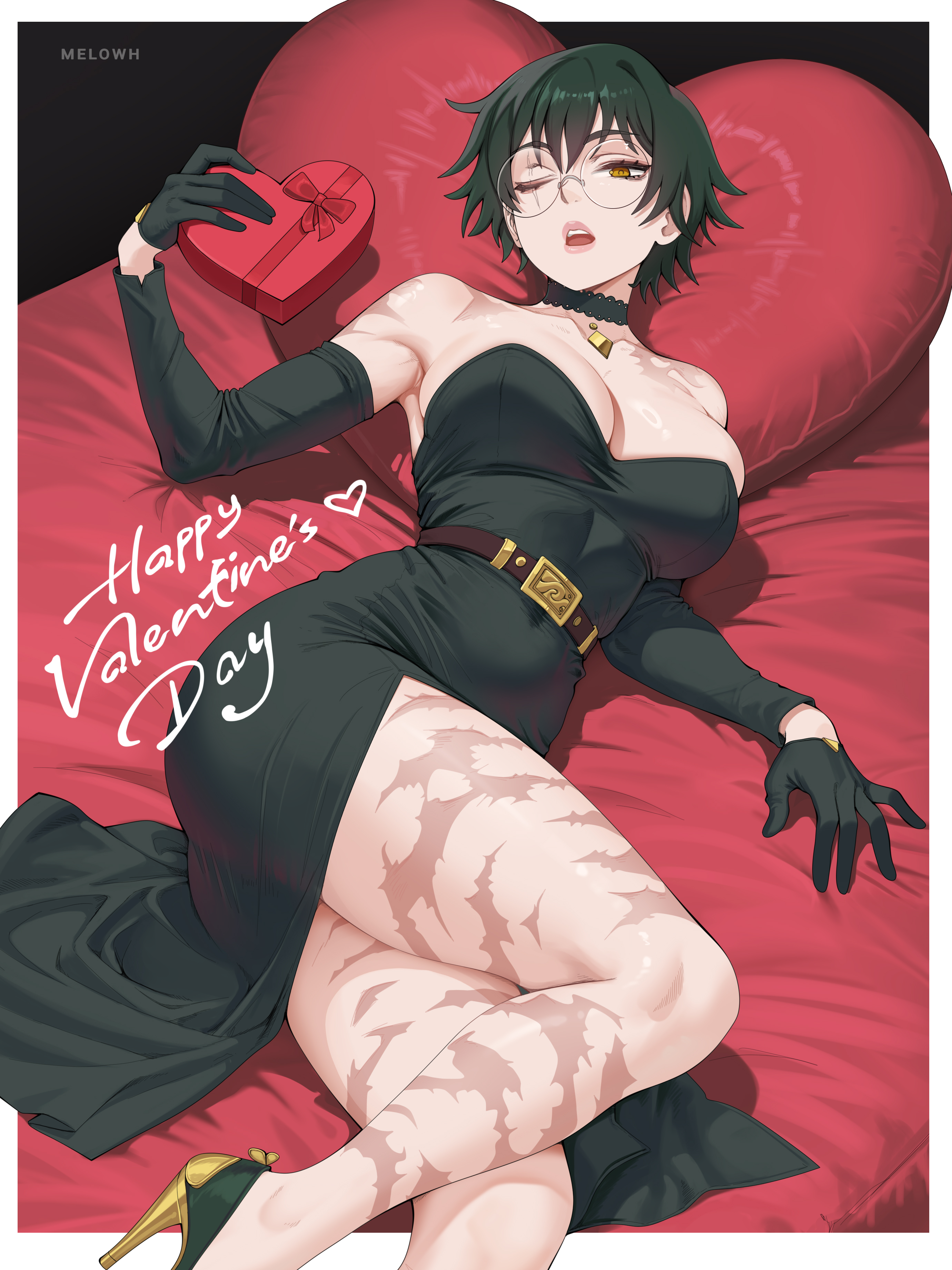 absurdres, belt, black dress, black gloves, black sleeves, box, breasts, brown belt, brown eyes, cleavage, detached sleeves, dress, female, female only, gift, gift box, glasses, gloves, happy valentine, heart-shaped box, highres, holding, holding gift, jujutsu kaisen, large breasts, lying, melowh, on side, one eye closed, open mouth, round eyewear, scar, scar on arm, scar on leg, short hair, sleeveless, sleeveless dress, solo, thighs, valentine, zen'in maki, zen'in maki (post shibuya), zenin maki