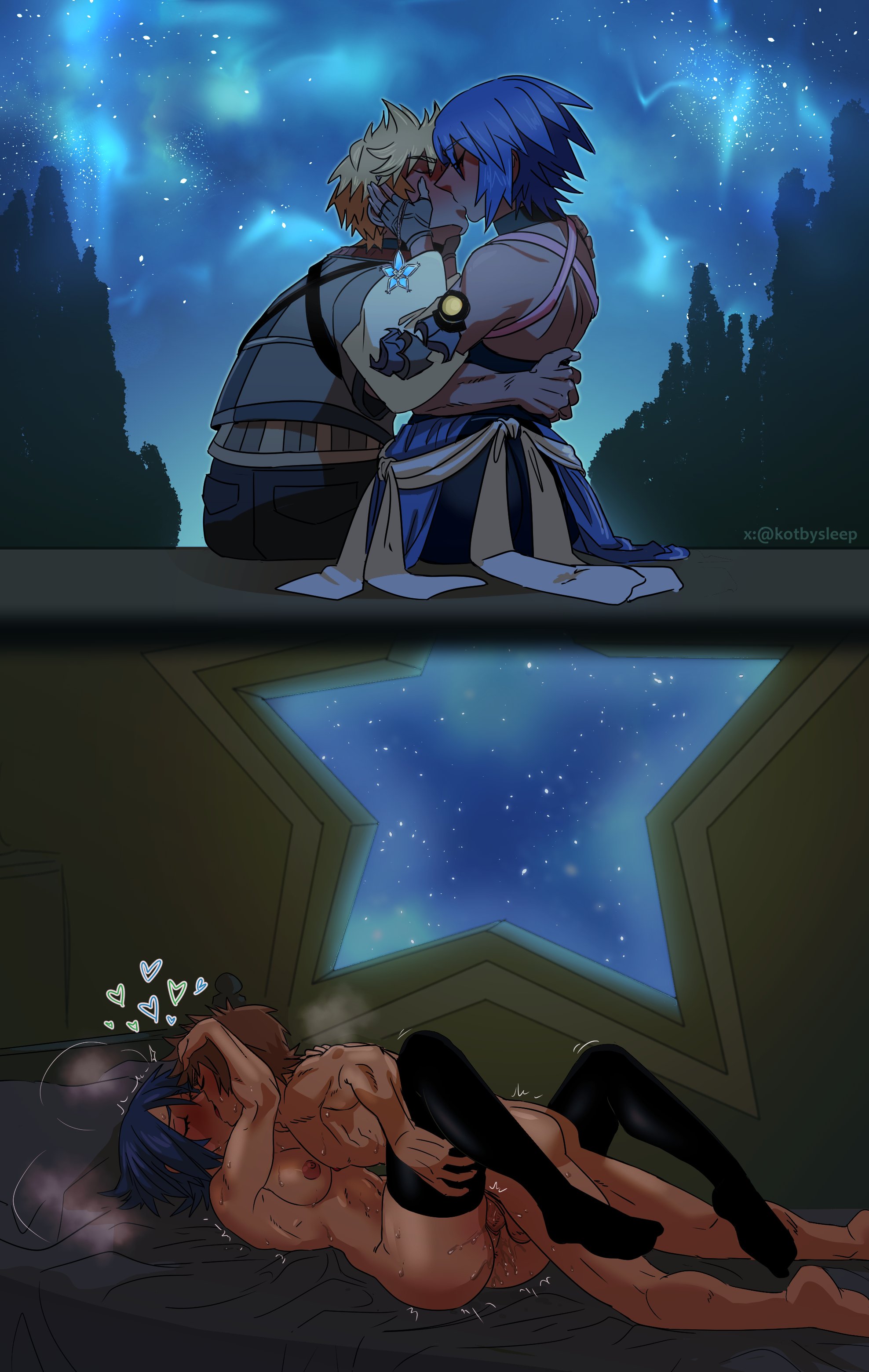 1boy, 1girls, 2koma, aqua (kingdom hearts), ass, bed, bedroom, blonde hair, blonde-haired male, blue hair, blue-haired female, disney, head grab, heart, kingdom hearts, kissing, kotbysleep, nekokat42, older female, romantic, sex, square enix, stockings, sweat, vaginal penetration, ventus, younger male