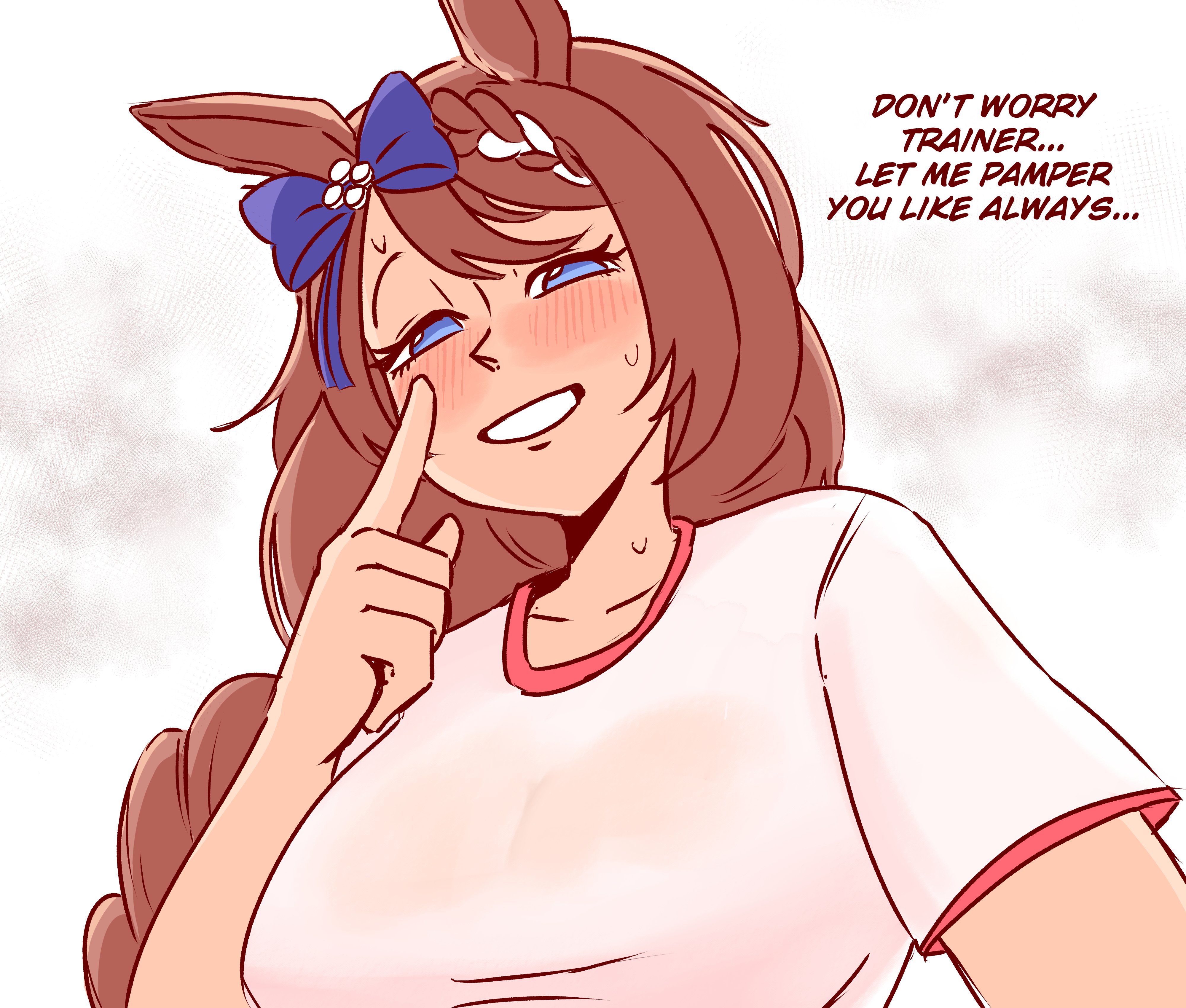 1girls, english, english text, gentle femdom, horse ears, horse girl, pampering, point of view, pov, revannman, soft femdom, solo, speaking, speaking to viewer, super creek (umamusume), talking, talking to viewer, text, umamusume