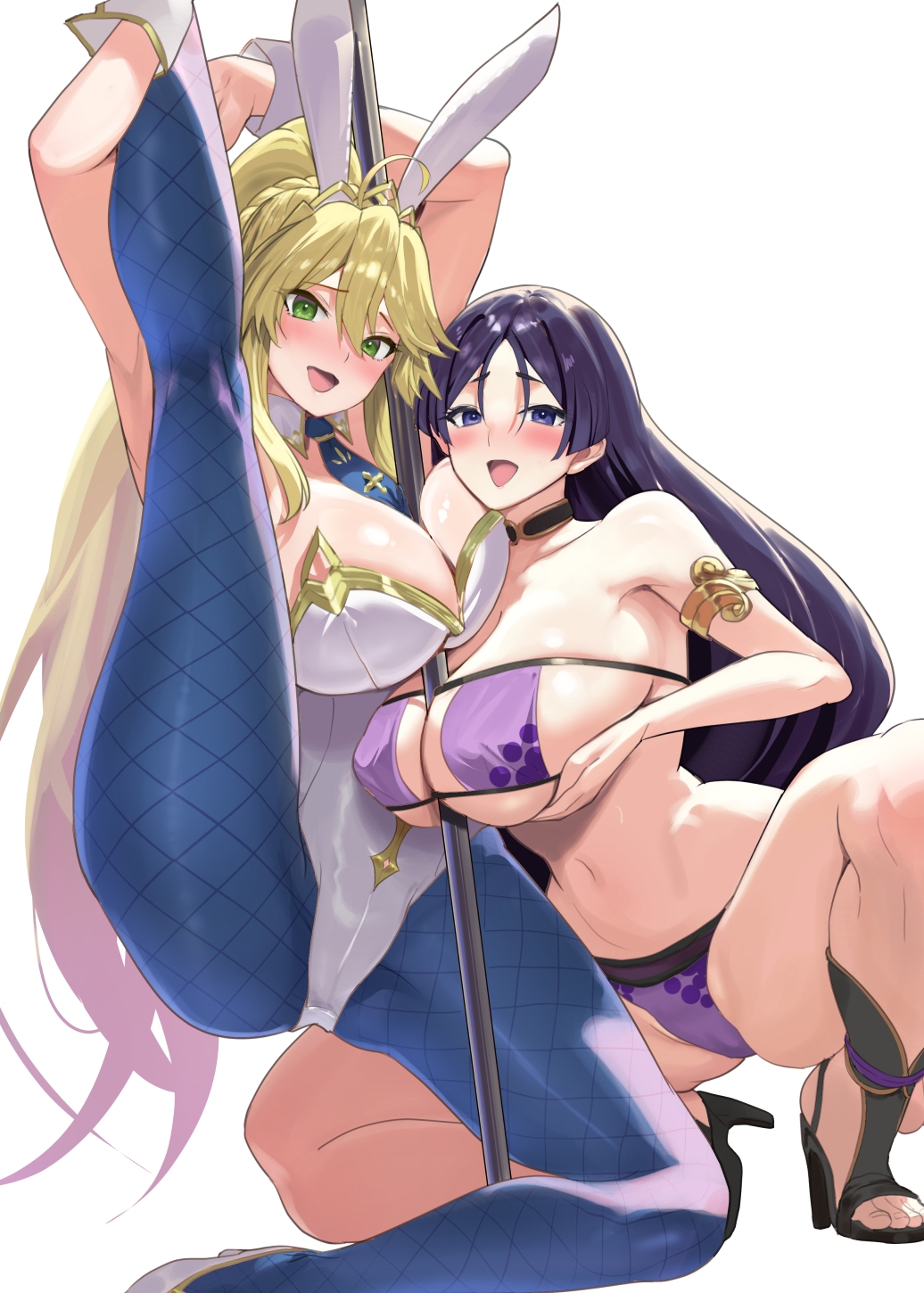 2girls, ahoge, animal ears, armlet, artoria pendragon (fate), artoria pendragon (lancer) (fate), artoria pendragon (swimsuit ruler) (fate), artoria pendragon (swimsuit ruler) (first ascension) (fate), bare shoulders, bikini, blonde hair, blue pantyhose, blush, braid, breasts, choker, cleavage, commentary request, detached collar, eyepatch bikini, fate (series), fate/grand order, female, female only, fishnet pantyhose, fishnets, gold trim, green eyes, hair between eyes, high heels, highleg, highleg leotard, highres, jewelry, large breasts, leg up, leotard, long hair, looking at viewer, minamoto no raikou (fate), minamoto no raikou (fate/grand order), minamoto no raikou (swimsuit lancer) (fate), minamoto no raikou (swimsuit lancer) (third ascension) (fate), multiple girls, muunyan (yumenekoya), navel, necktie, open mouth, pantyhose, parted bangs, playboy bunny, pole, ponytail, purple bikini, purple eyes, purple hair, rabbit ears, sidelocks, smile, spread legs, squatting, stripper pole, swimsuit, tiara, very long hair, white leotard, wrist cuffs