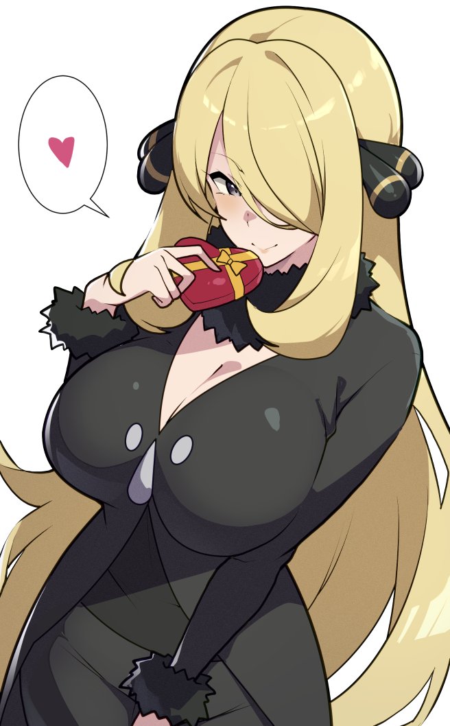 1girls, big breasts, blonde hair, breasts, cynthia (pokemon), female, female only, large breasts, long hair, mituyota 76, nintendo, pokemon, pokemon dppt, simple background, very long hair, white background