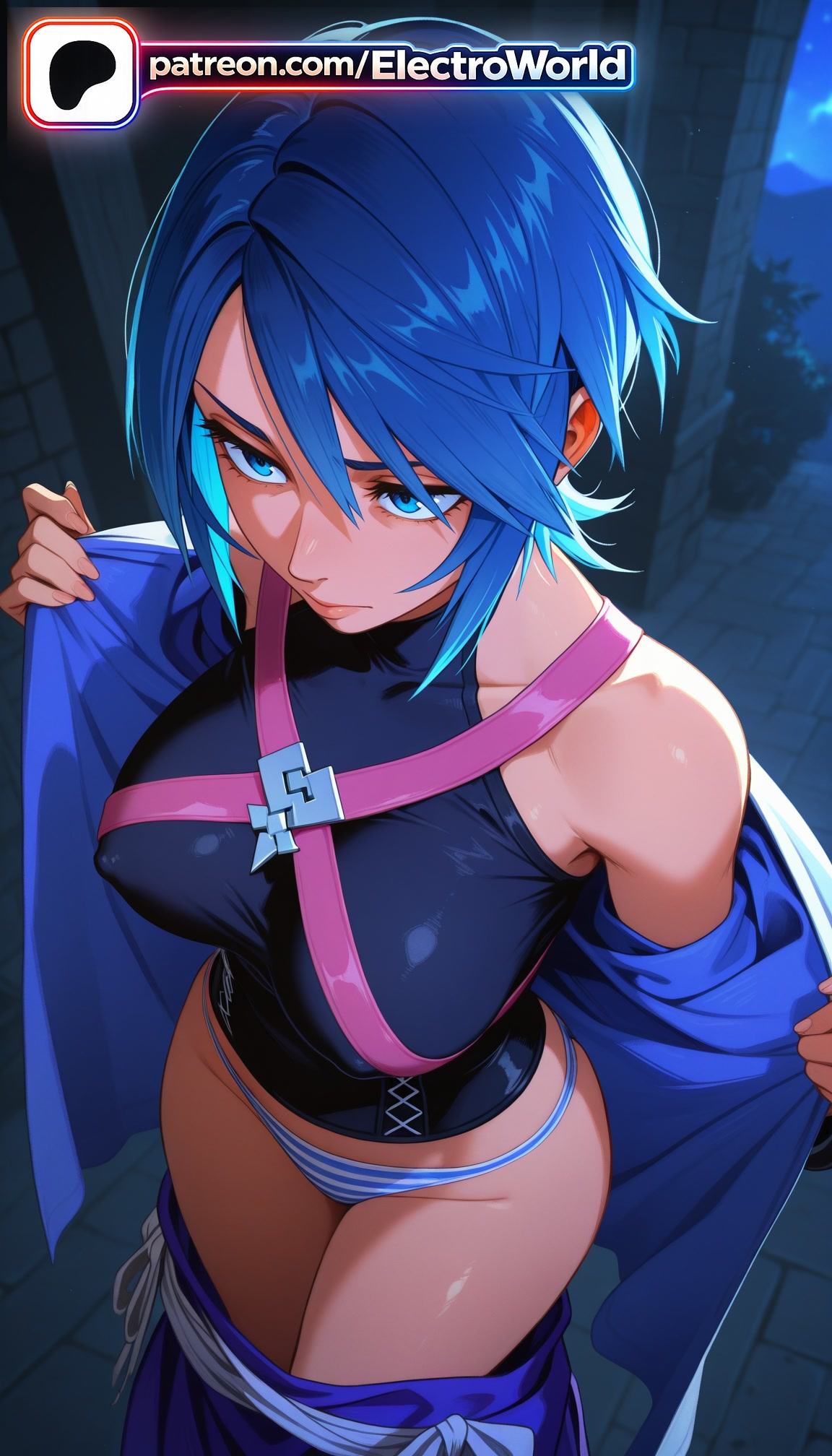1girls, 2026, ai generated, aqua (kingdom hearts), artist name, blue eyes, blue hair, breasts, bust, chest, clothes pull, covered nipples, electroworld, female, hi res, high quality, high resolution, highres, kingdom hearts, patreon, patreon username, short hair, skirt, solo, stable diffusion, undressing, watermark