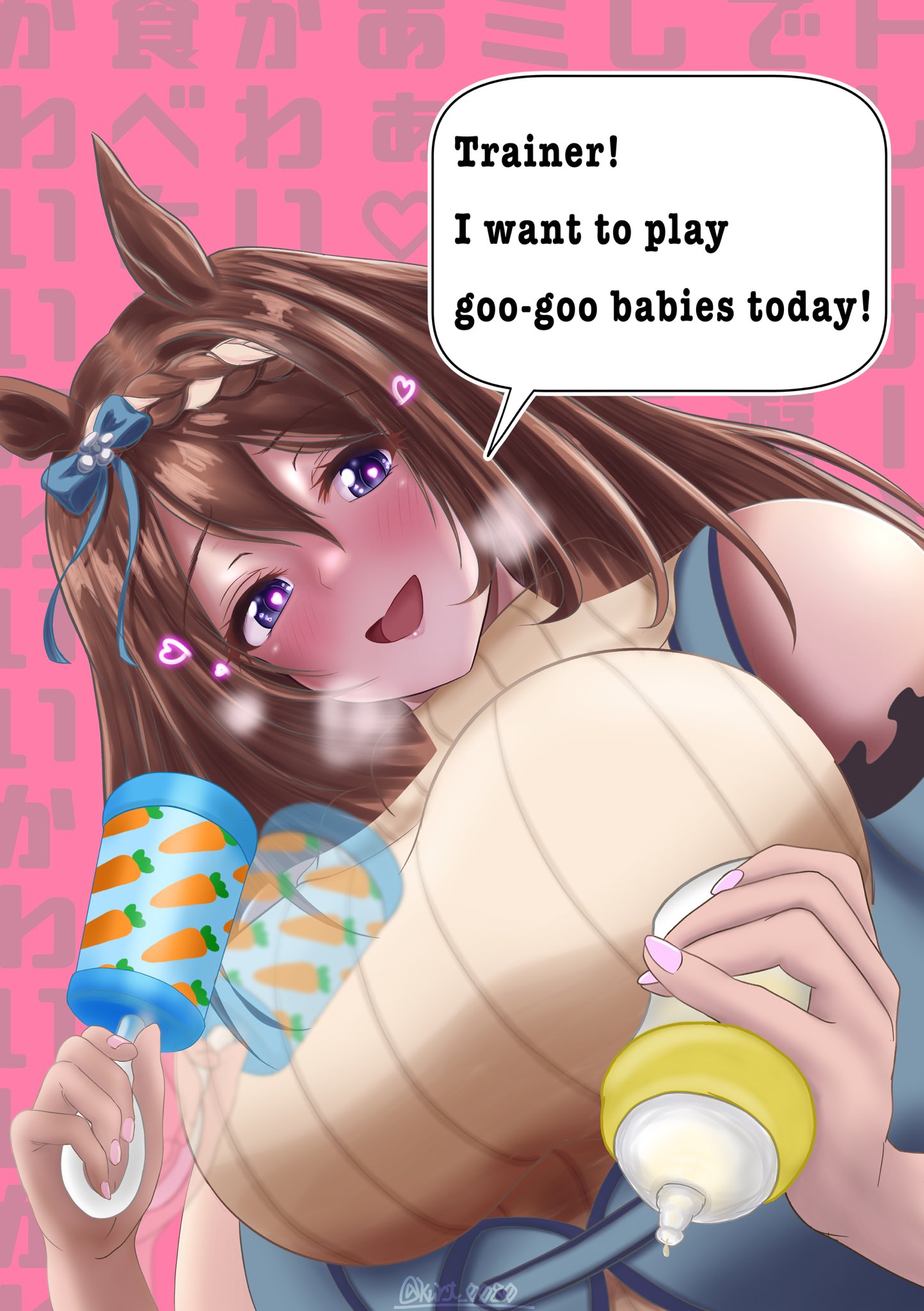 1girls, 2d, 2d (artwork), 2d artwork, ageplay, animal ears, beige sweater, big breasts, black text, blue bow, blue eyes, blue ribbon, blush, blushing at viewer, blushing female, boobs bigger than head, bottle, bottle of milk, bow, bow in hair, breasts, brown hair, carrot, carrot print, character pov, dark blue eyes, drawing, drawn, ear, english, english text, eyebrows, eyelashes, eyes, female, female focus, female only, goo goo babies, hair, hair ribbon, hairbow, hands, heart eyes, hearts around head, hearts in eyes, horse ears, horse girl, lips, long brown hair, long brown hair female, long hair, looking at viewer, looking down, looking down at viewer, mentioned character, milk, milk bottle, mommy, mommy dom, mommy kink, nails, nails painted, nose, painted nails, pink background, pink nails, pokoniki, pov, rattle, ribbon, ribbon in hair, self insert, smile, smile at viewer, smiling, smiling at viewer, soft dom, soft domination, solo, speaking, speaking to viewer, speech bubble, super creek (murmuring stream) (umamusume), super creek (umamusume), sweater, talking, talking to viewer, text, text bubble, text in background, tits bigger than head, trainer (umamusume), umamusume, umamusume pretty derby, unseen character, watermark
