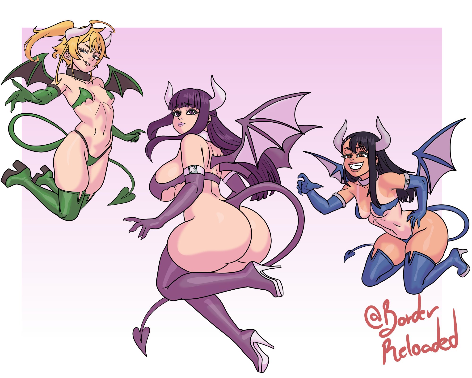 2d, 3girls, black hair, blonde hair, borderreloaded, busty, character request, copyright request, crossover, female, female focus, female only, fern (sousou no frieren), frieren beyond journey's end, fuck me boots, hayase nagatoro, high heel boots, high heels, horns, hourglass figure, long hair, please don't bully me, nagatoro, purple hair, sousou no frieren, succubus, succubus horns, succubus tail, succubus wings, tagme, tail, tanya degurechaff, wide hips, wings, youjo senki