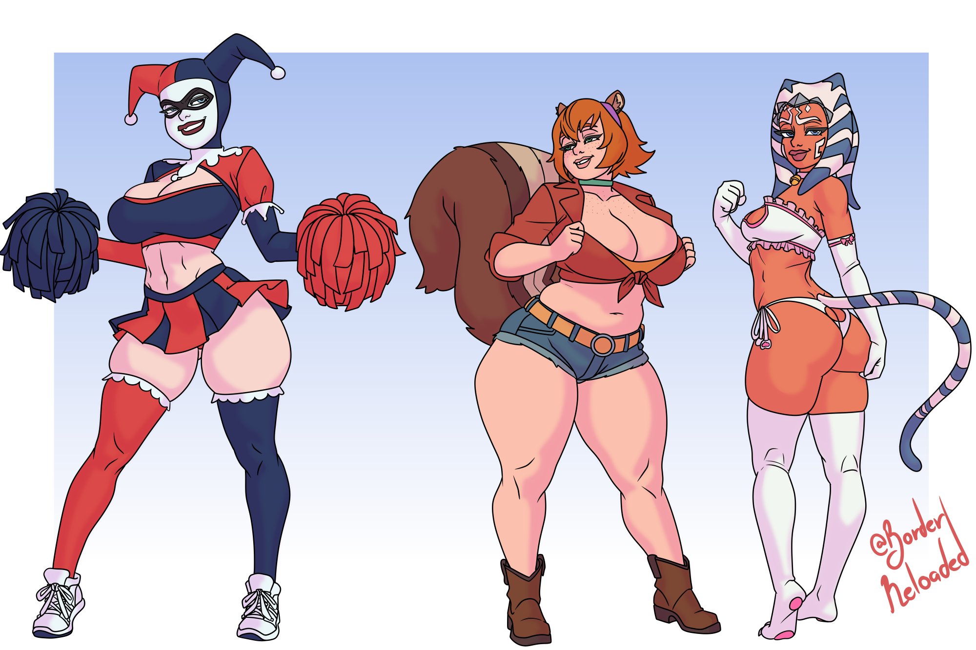 2d, 3girls, ahsoka tano, batman (series), borderreloaded, busty, cat tail, catgirl, catgirl costume, cheerleader, cheerleader uniform, clone wars, cowgirl, cowgirl outfit, crossover, dc, dc comics, doreen green, female, female focus, female only, full body, harley quinn, harley quinn (classic), hourglass figure, marvel, marvel comics, marvel rivals, squirrel girl (marvel rivals), squirrel girl (marvel), star wars, star wars rebels, tagme, wide hips
