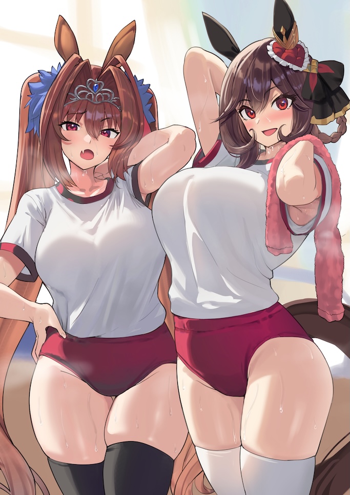 2girls, animal ears, black thighhighs, blush, breasts, brown hair, buruma, daiwa scarlet (umamusume), female, female only, gentildonna (umamusume), gym uniform, hair intakes, hair ornament, horse ears, horse girl, jacket, long hair, looking at viewer, multiple girls, muunyan (yumenekoya), oerba yun fang, open clothes, open jacket, open mouth, pink eyes, red buruma, shirt, skin fang, smile, sweat, thighhighs, thighs, tiara, twintails, umamusume, white shirt, white thighhighs