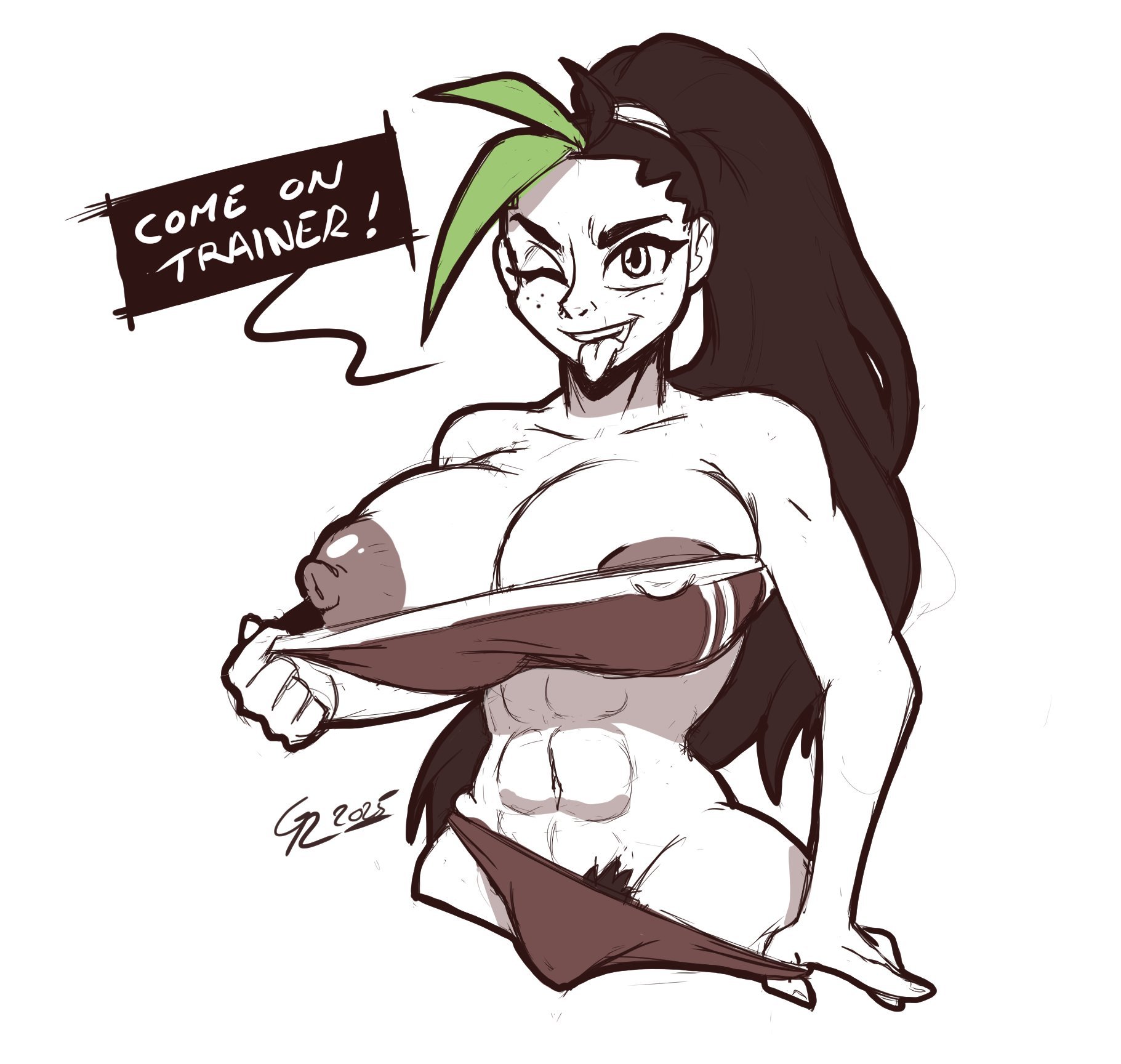 1girls, abs, agitowolf (artist), big breasts, breasts, female, female only, huge breasts, muscular, muscular female, nemona (pokemon), nipples, panties pull, pokemon, pubic hair, pubic hair peek, solo, tomboy, tongue, tongue out
