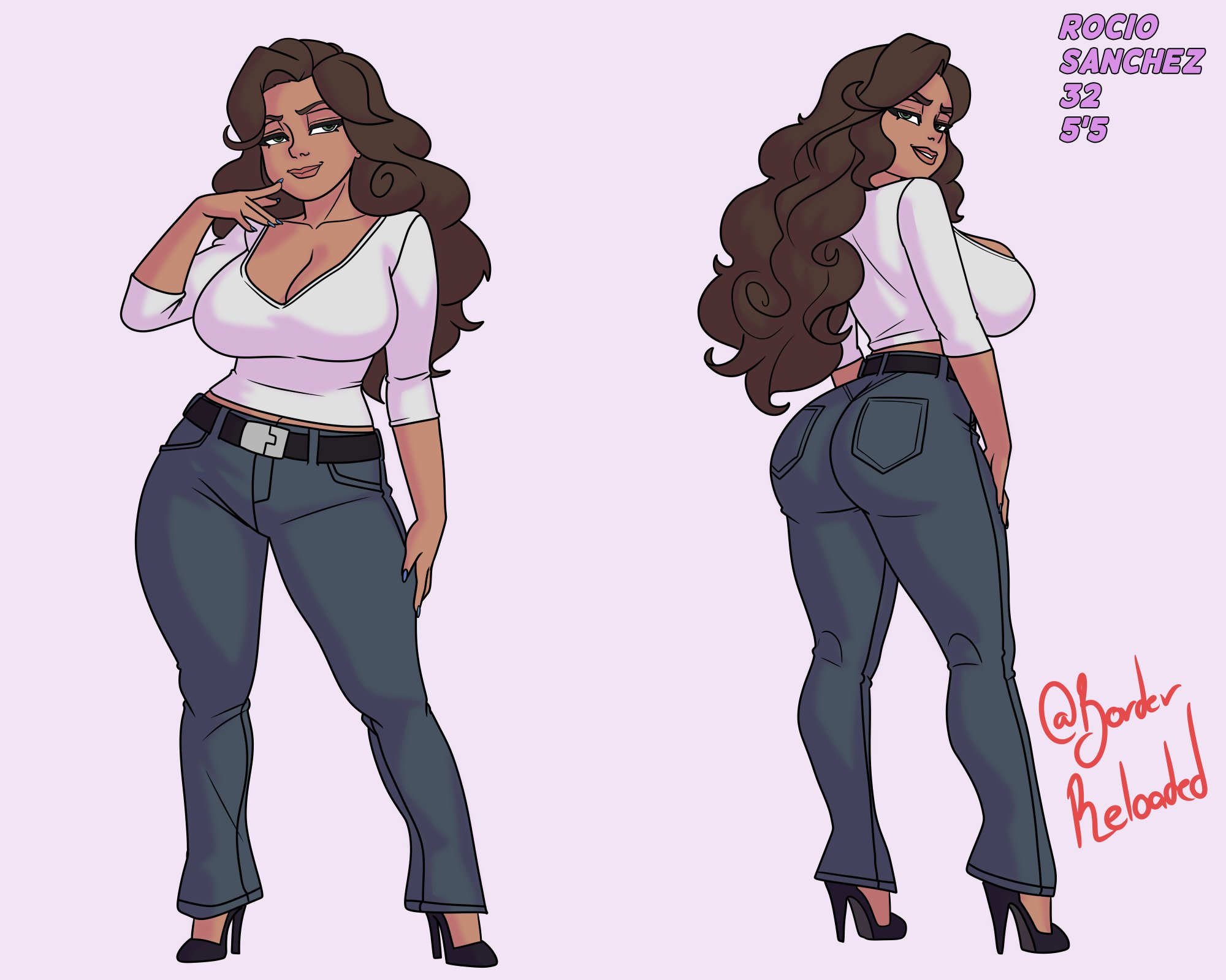 1girl, 1girls, 2d, ass, big breasts, borderreloaded, breasts, brown hair, bubble butt, busty, character sheet, female, female focus, female only, full body, hourglass figure, large breasts, long hair, oc, original character, solo, solo female, wide hips