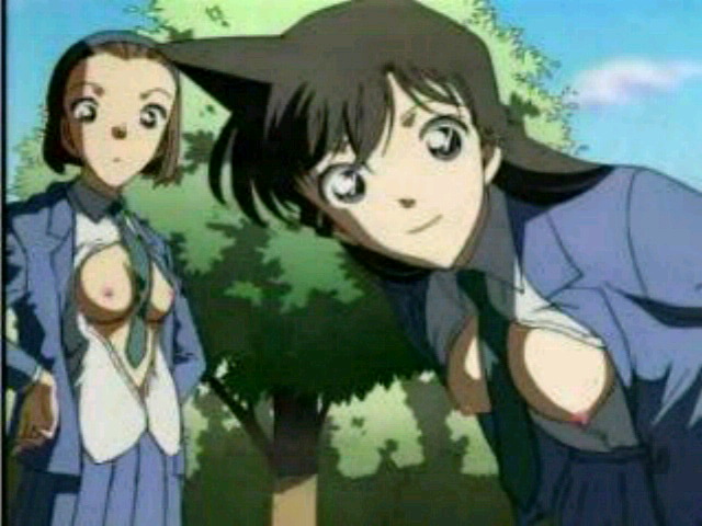 2girls black_hair blue_eyes breasts breasts_out brown_hair detective_conan female hairband human long_hair medium_breasts multiple_girls nipples no_bra pale-skinned_female pale_skin pointy_chin ran_mouri school_uniform short_hair skirt smile sonoko_suzuki standing