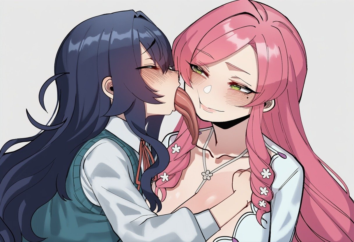 2girls, ai art, ai generated, artist request, big breasts, blue hair, closed eyes, curvaceous, curvaceous female, curvaceous figure, curves, curvy, curvy body, curvy female, curvy figure, curvy hips, embarrassed, embarrassed female, female only, french kiss, grabbing, hanazono hahari, kimi no koto ga dai dai dai dai daisuki na 100-nin no kanojo, kissing, long hair, long tongue, milf, pink hair, shortstack, tagme, the 100 girlfriends who really really really really really love you, throat bulge, tongue bulge, tongue kiss, upper body, yoshimoto shizuka, yuri
