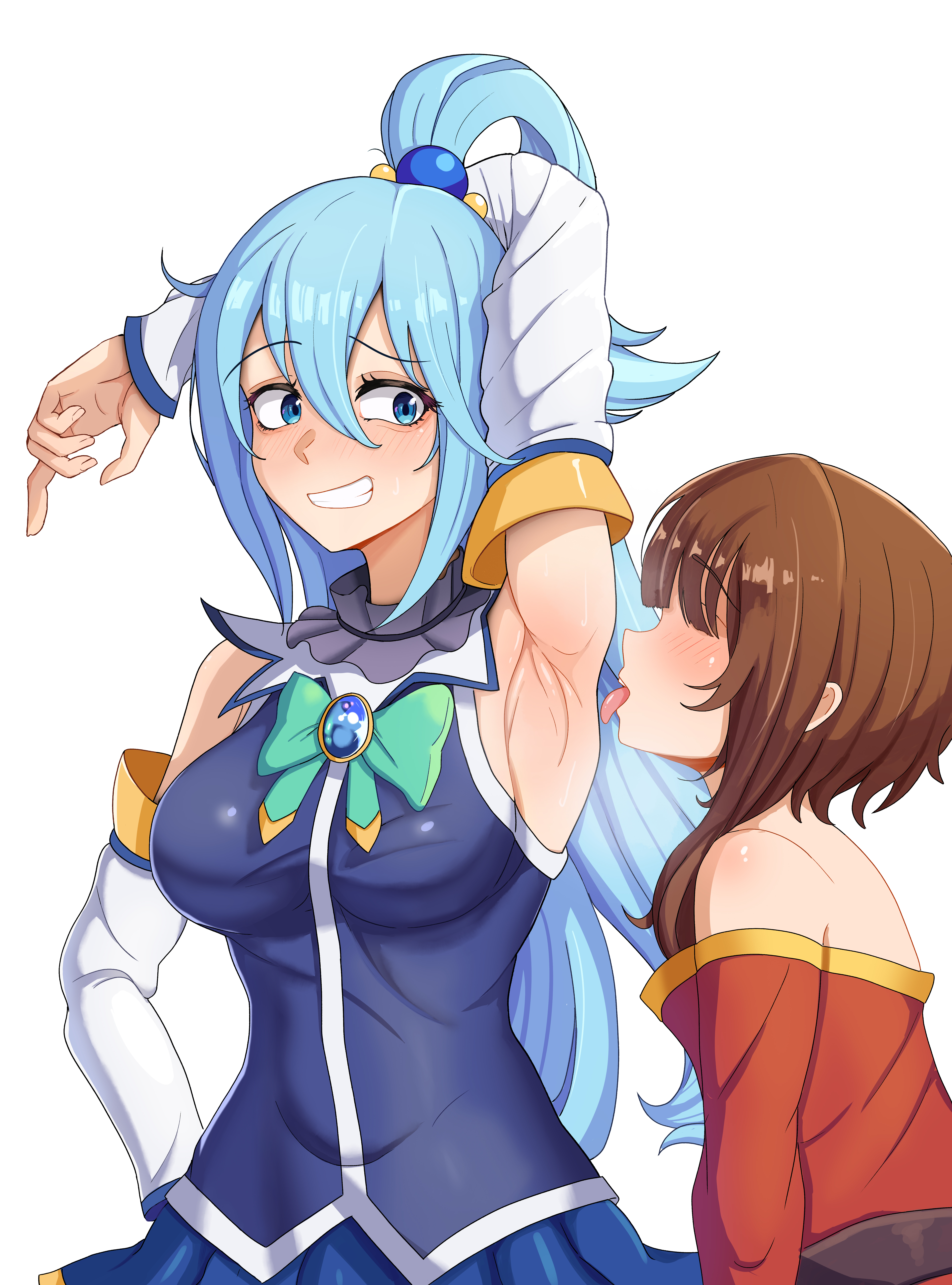 2girls, aqua (konosuba), armpit fetish, armpit focus, armpit licking, blue eyes, blue hair, blush, brown hair, female, kono subarashii sekai ni shukufuku wo!, konosuba, long hair, megumin, sweat, tongue out, vingete, yuri
