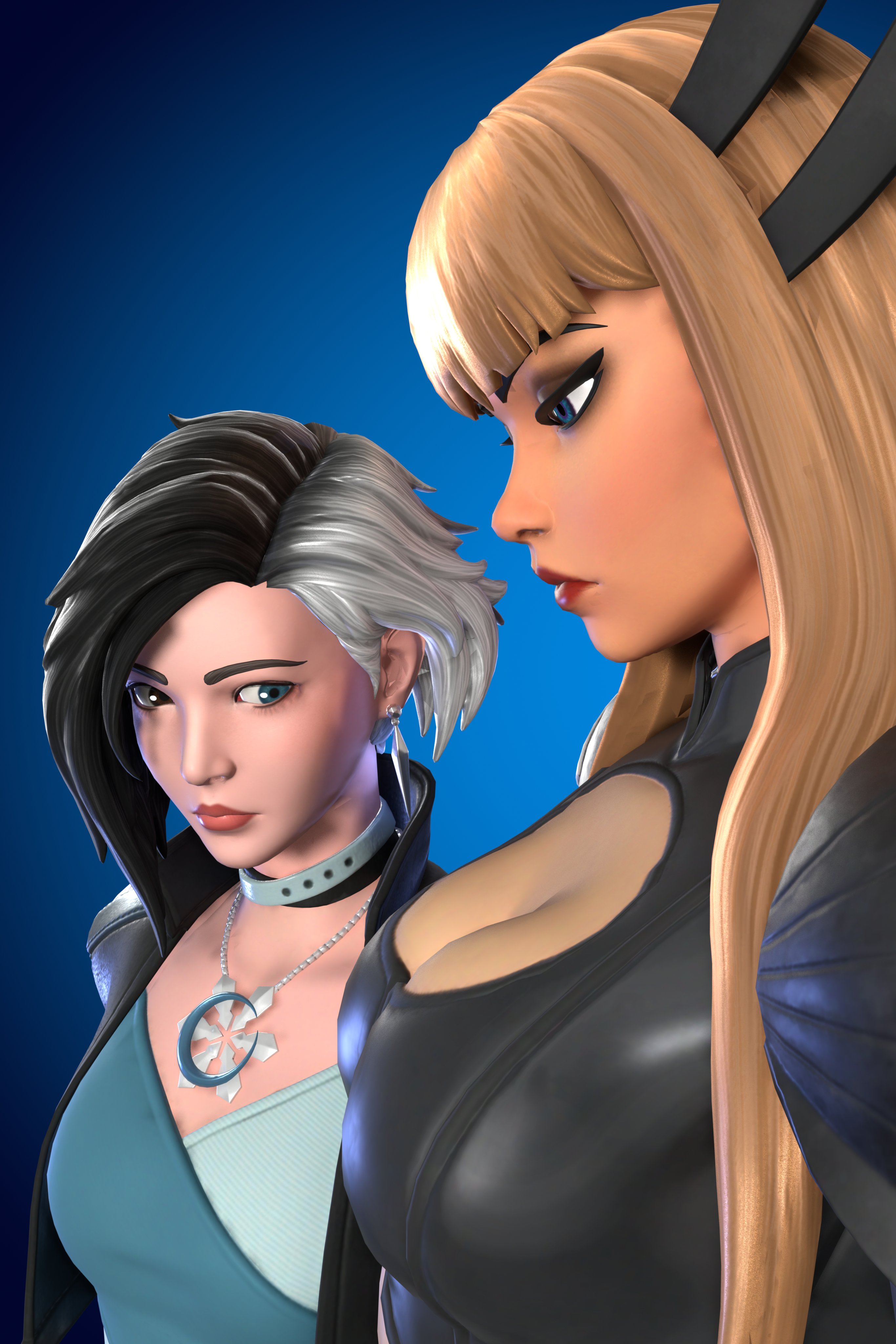 2girls, 3d, breast envy, breasts, cleavage, dubutwice, female, female only, fortnite, girl staring at guy's chest, luna snow, luna snow (fortnite), magik (fortnite), magik (illyana rasputin), marvel, snowsword