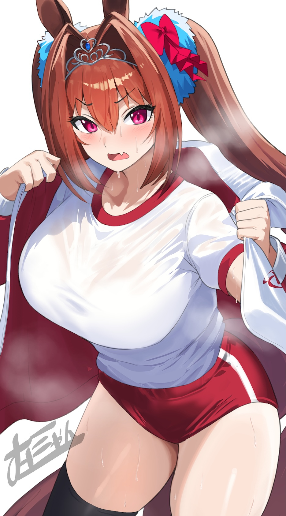 animal ears, black thighhighs, blush, breasts, brown hair, buruma, commentary request, daiwa scarlet (umamusume), female, female only, gym uniform, hair intakes, hair ornament, highres, horse ears, horse girl, jacket, long hair, looking at viewer, muunyan (yumenekoya), oerba yun fang, open clothes, open jacket, open mouth, pink eyes, red buruma, shirt, simple background, skin fang, solo, sweat, thighhighs, thighs, tiara, twintails, umamusume, white background, white shirt