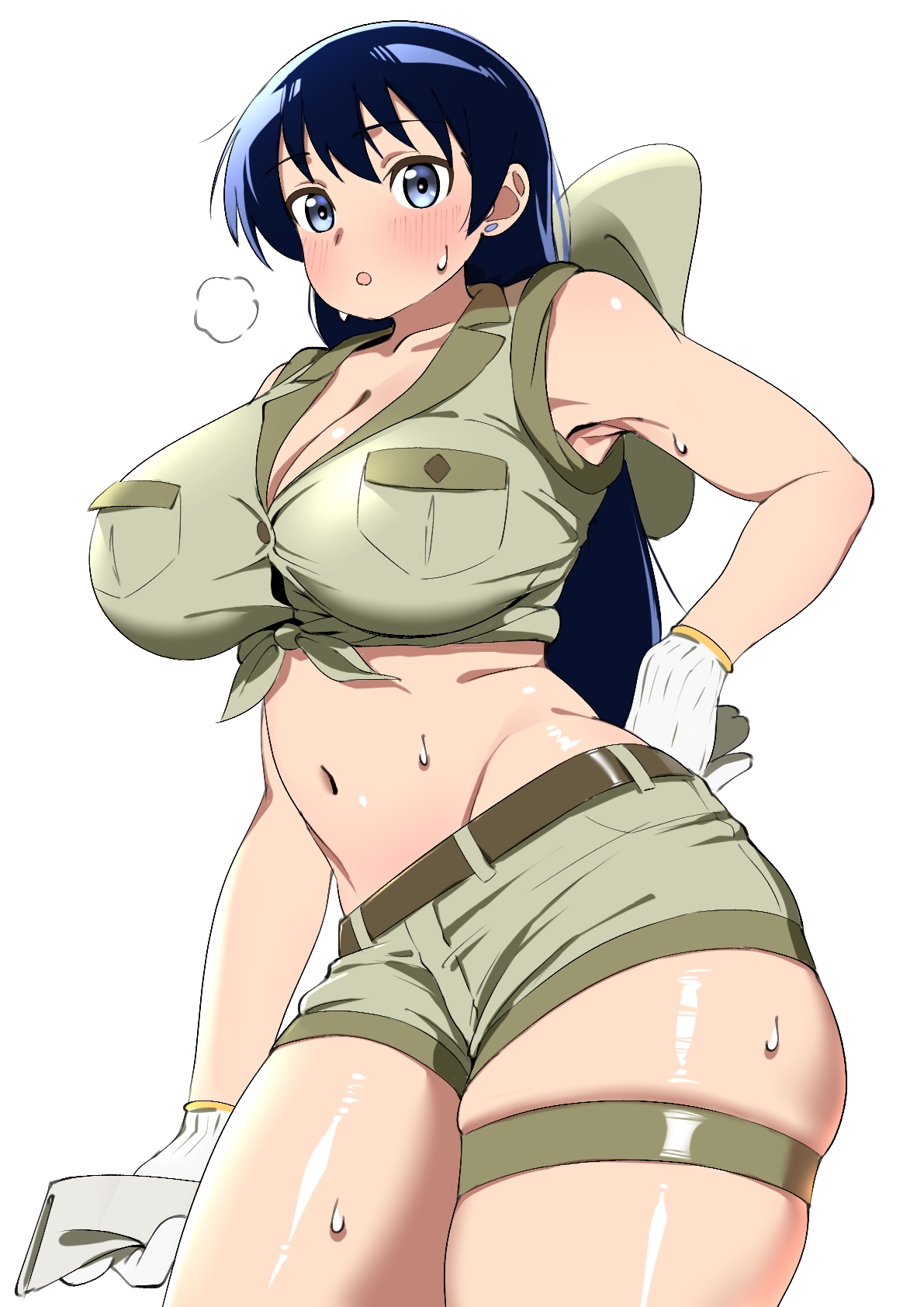 :o, 1girls, arato , arato nagi, bare arms, belt, big breasts, black hair, blush, breasts, cleavage, collarbone, commentary request, ear piercing, earrings, female, female only, gloves, green shirt, green shorts, hair between eyes, highres, hot, imiin, jewelry, large breasts, long hair, looking at viewer, navel, open mouth, piercing, purple eyes, ruri no houseki, shirt, shorts, sidelocks, simple background, sleeveless, standing, stud earrings, sweat, thick thighs, thigh strap, thighs, tied shirt, white background, white gloves