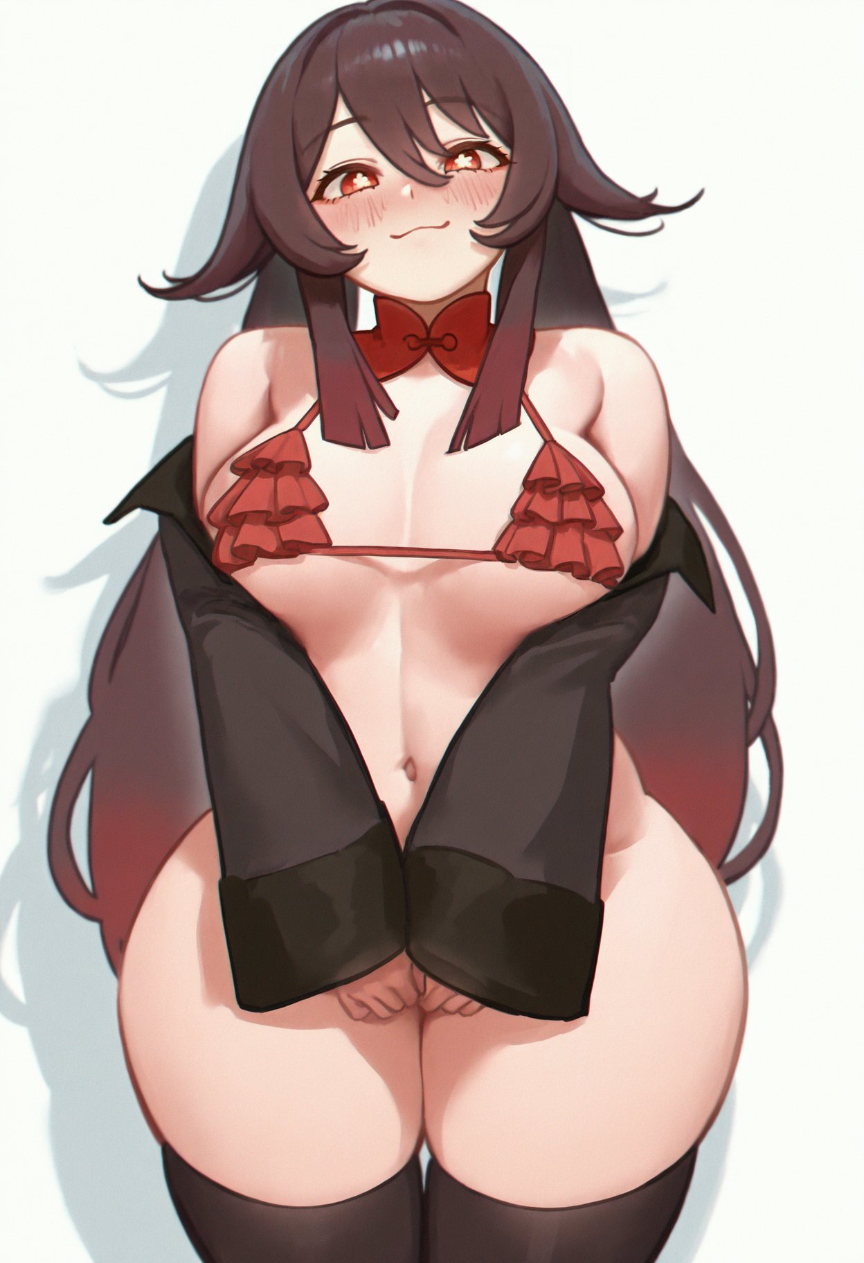 1girls, ai generated, big breasts, breasts, cr00wy, female, female focus, female only, genshin impact, hu tao (genshin impact), huge breasts, large breasts, light skin, light-skinned female, looking at viewer, solo, thick thighs, thighs, white background, wide hips