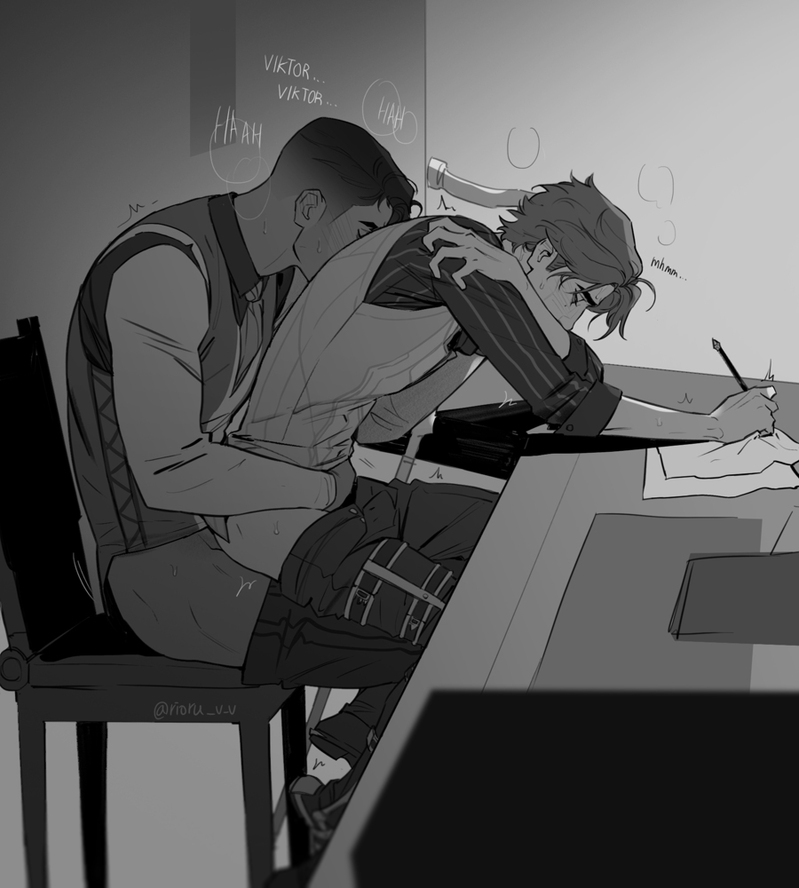 2boys, 2d, 2d (artwork), academy, anal, anal sex, arcane, arcane jayce, arcane viktor, arched back, ass, ass focus, balls deep, beard stubble, bent over, bent over desk, bent over surface, big cock, big penis, bigger male, bigger penetrating smaller, black and grey, black and white, black hair, boys, brown hair, cane, chair, chair sex, classroom, classroom setting, classroom sex, clothed, clothed sex, cock, couple, couple (romantic), couple sex, cowgirl position, cum, cum in ass, cumming, cumshot, daddy and twink, dark hair, dark skin, dark-skinned male, dark-skinned male/light-skinned male, deep penetration, dialogue, digital media (artwork), disabled male, distracted, distracted sex, dominant male, english text, fucking ass, gay, gay male, gay sex, grabbing, grabbing ass, grabbing from behind, grabbing hips, greyscale, groan, hand on ass, holding ass, holding down, holding waist, huge cock, hugging, hugging from behind, jayce talis, laboratory, league of legends, lesson, light skin, light-skinned male, looking at another, looking at partner, looking down, looking pleasured, male, male focus, male only, male/male, masculine gay, masculine male, massive cock, massive penis, moaning, moaning in pleasure, moaning on cock, monochrome, naked, naked male, notebook, notes, nude, nude male, open eyes, pants down, partially clothed, partially clothed male, penetration, penis, penis in ass, public sex, pushing, riding, romantic couple, school, school uniform, sex, shirt only, shoving, size difference, skinny male, smaller male, smaller penetrated, student, submissive male, tan skin, tan skinned male, tied hair, twink, viktor (league of legends), walking stick, writing, yaoi