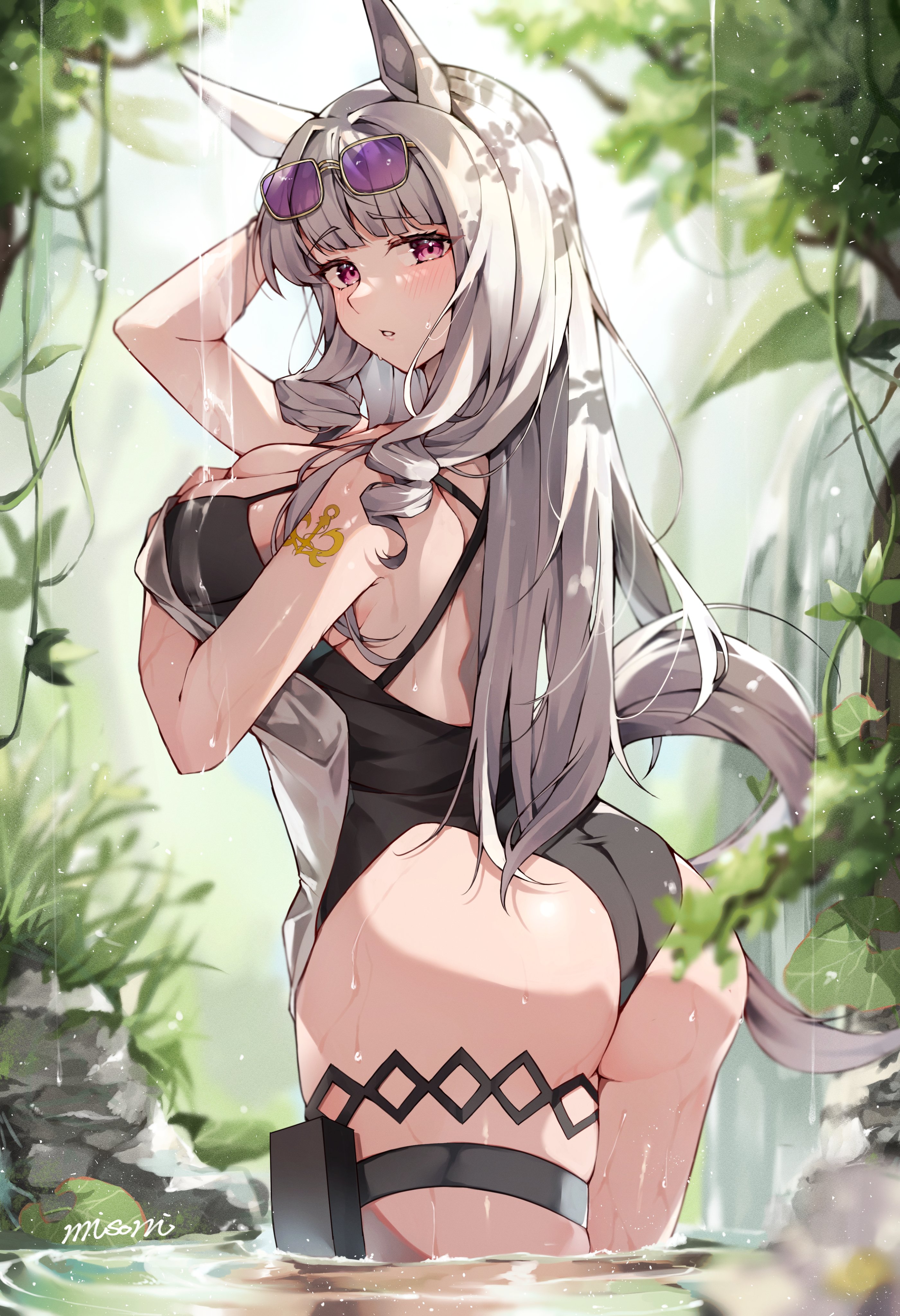 1girls, absurdres, alternate costume, alternate hairstyle, ass, big breasts, black one-piece swimsuit, blunt bangs, blush, clothing cutout, criss-cross back-straps, curvy, drill hair, drill sidelocks, eyewear on head, female, female only, gold ship (run revolt launcher) (umamusume), gold ship (umamusume), green eyes, grey hair, highleg, highleg one-piece swimsuit, highres, horse girl, horse tail, jewelry, light brown hair, long hair, looking at viewer, meadow, misoni (mi so ni t), one-piece swimsuit, outdoors, pouch, purple eyes, purple-tinted eyewear, river, sidelocks, signature, skindentation, solo, sunglasses, swimsuit, tail, tail through clothes, tattoo, thigh pouch, thighlet, tinted eyewear, twisted torso, umamusume, wading