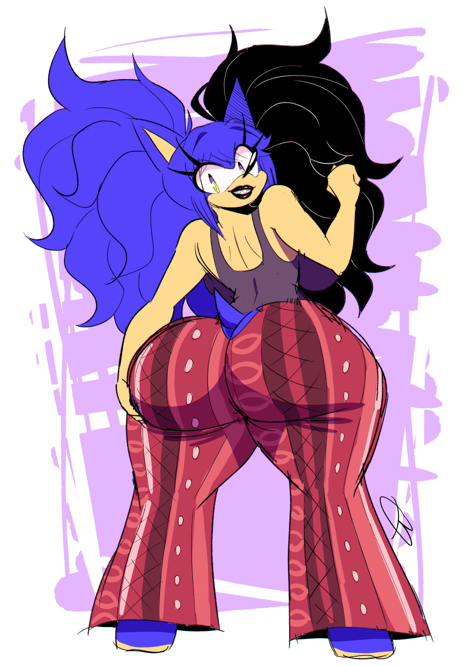 1girls, ass, big ass, breasts, bubble ass, bubble butt, corbyschmorby, danganronpa, female, female only, flare pants, grabbing ass, hedgehog, huge ass, junko enoshima, lipstick, looking at viewer, meme, rule 63, sega, sonic (series), sonic the hedgehog, sonic the hedgehog (series), sonko enoshima (corbyschmorby)