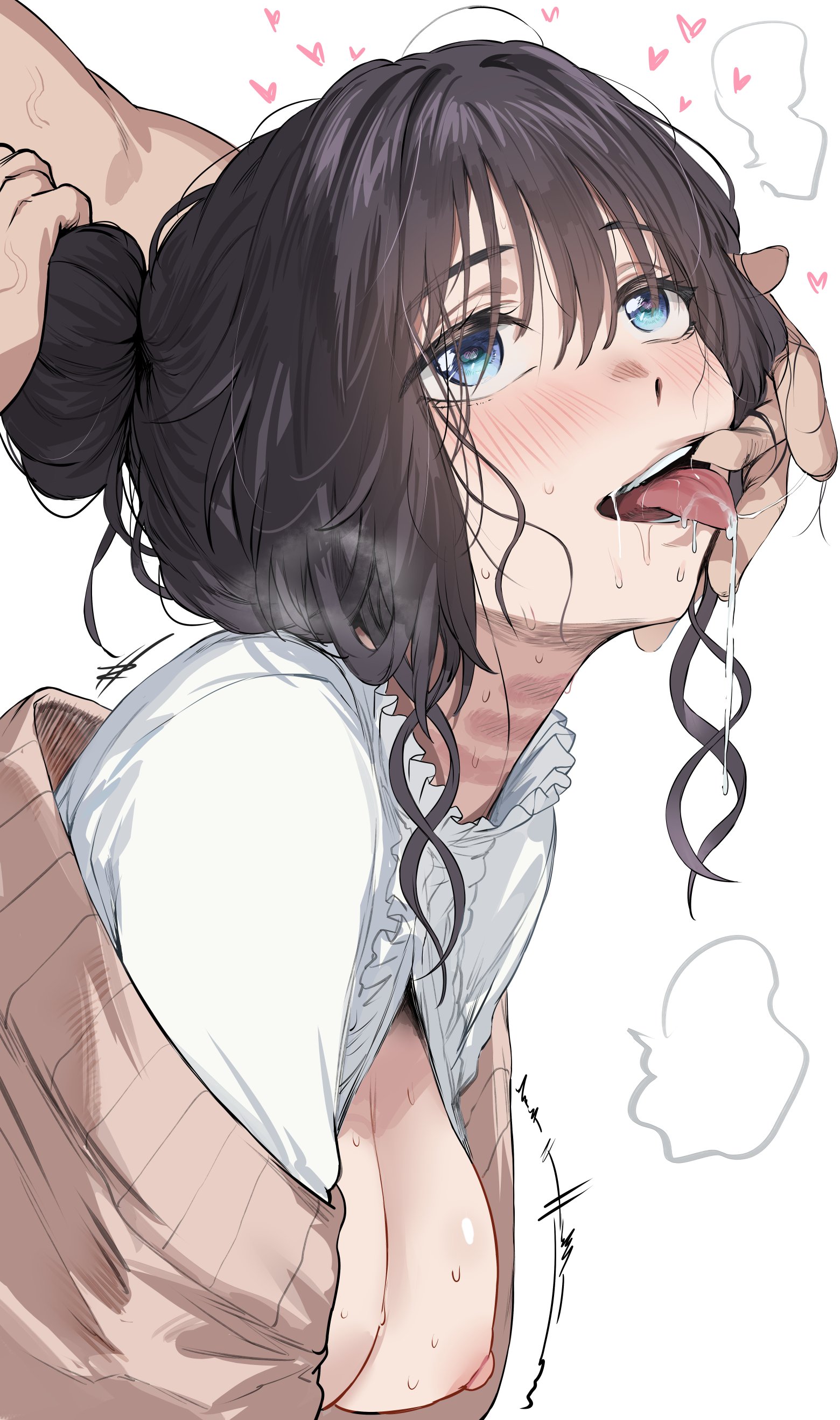 1boy, 1girls, 2d, areolae, backshots, blush, breasts, choked, dark hair, dominant male, exposed breasts, female focus, finger in mouth, hair bun, happy sex, hearts around head, hews, hews hack, kaoru hana wa rin to saku, male/female, medium breasts, nipples, saliva, submissive female, sweat, sweater, tongue out, waguri kaoruko, white background