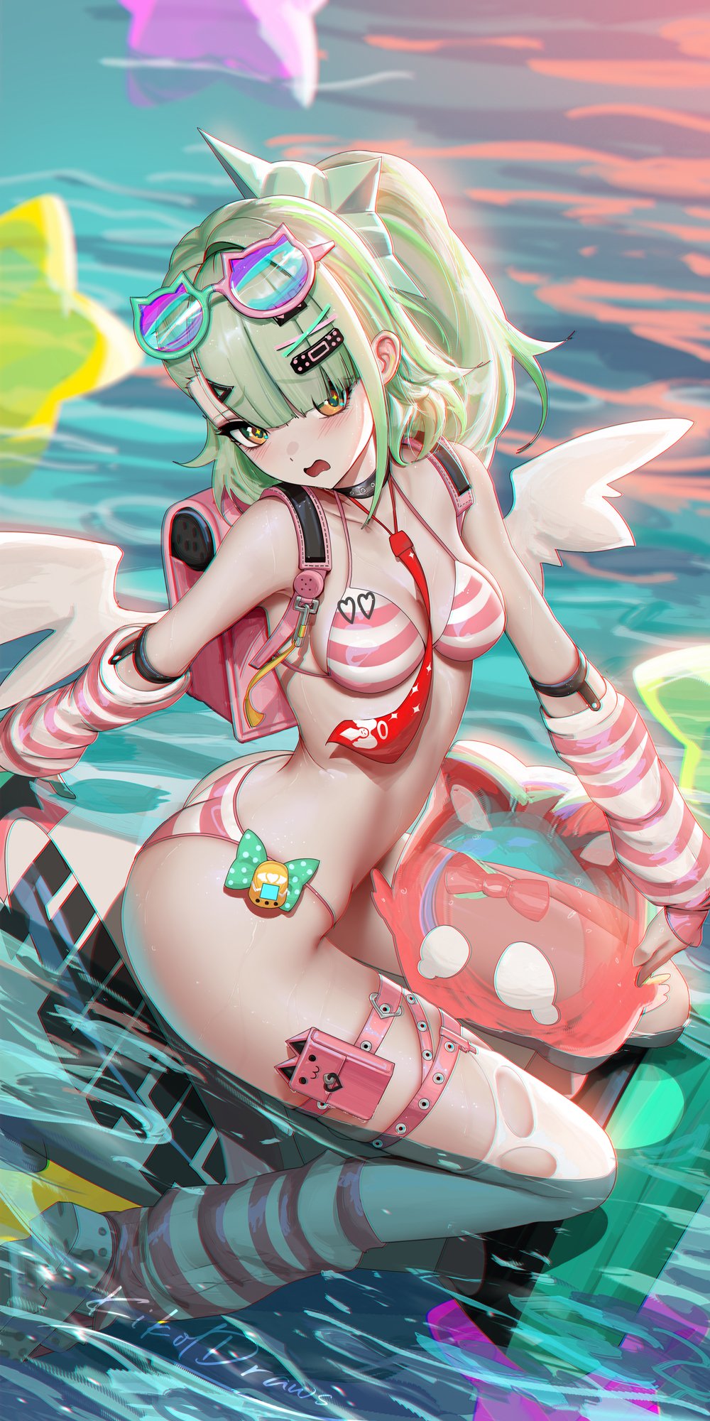 1girls, adapted costume, angels of delusion, arm warmers, backpack, bag, bikini, black choker, choker, commentary, english commentary, eyewear on head, female, female only, green eyes, green hair, hair ornament, hairclip, highres, leg warmers, liang xing, long hair, looking at viewer, necktie, open mouth, ponytail, red necktie, signature, single thighhigh, sitting, solo, stomach, striped arm warmers, striped bikini, striped clothes, striped leg warmers, sunna (zenless zone zero), swimsuit, thigh strap, thighhighs, torn clothes, torn thighhighs, white thighhighs, white wings, wings, zenless zone zero