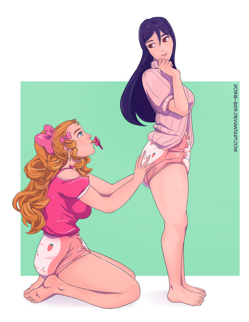 2girls, artist name, black hair, blackroseseduction, clean diaper, diaper, duo, female, holding diaper, looking at another, looking back, looking up, pacifier, pacifier in mouth, pantsless, red hair, simple background, strawberry print, touching ass, touching diaper