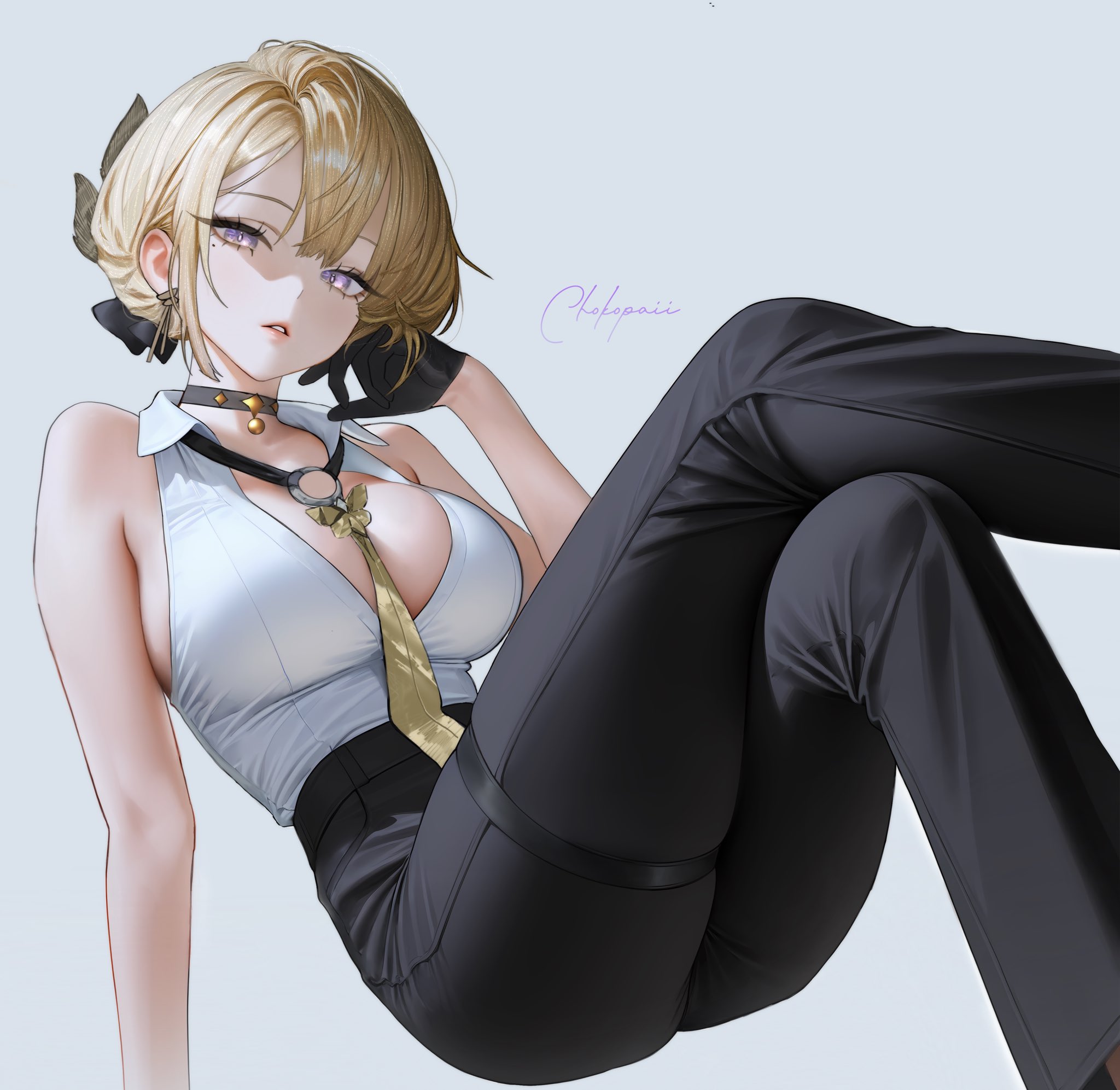 1girls, arm support, artist name, ass, bare shoulders, big breasts, black choker, black gloves, black pants, blonde hair, breasts, choker, chokopaii, commentary, crossed legs, earrings, evelyn chevalier, female, female only, gloves, grey background, hair ornament, hair up, half gloves, high-waist pants, highres, jewelry, large breasts, looking at viewer, mole, mole under eye, necktie, pants, parted lips, purple eyes, sitting, sleeveless, solo, yellow necktie, zenless zone zero