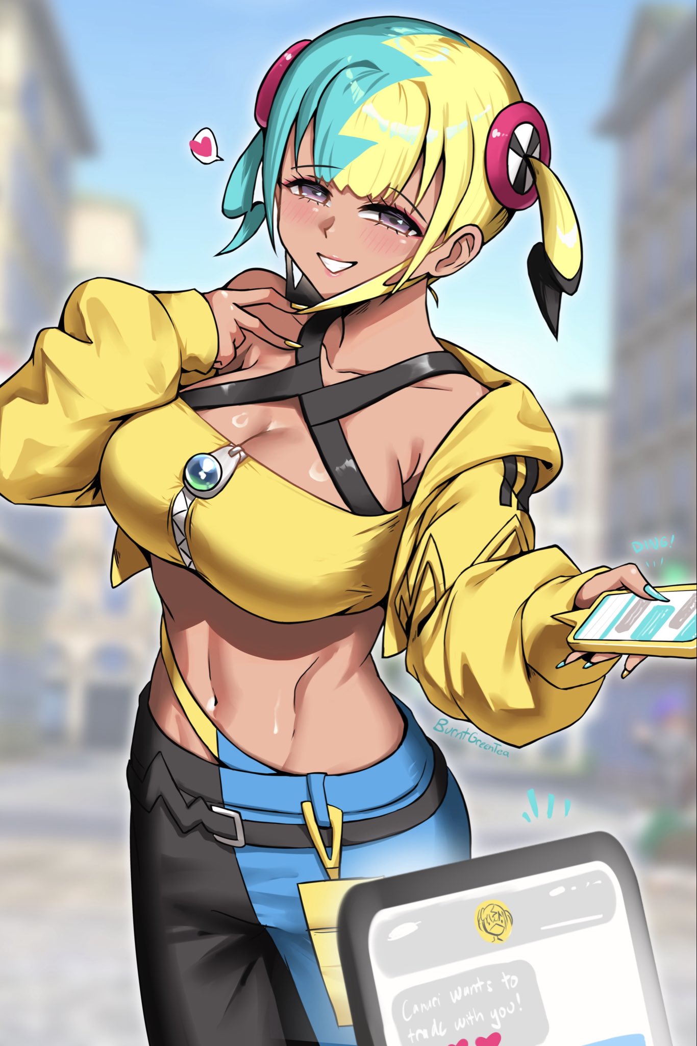 1girls, aqua hair, bandeau, belt, big breasts, black belt, black mask, black pants, blonde hair, blue hair, blue nails, blue pants, blue-haired female, blush, breasts, burnt green tea, canari (pokemon), canary (pokemon), cleavage, collarbone, dark skin, dark-skinned female, day, female, female only, gen 4 pokemon, heart, highres, holding, holding phone, jacket, large breasts, long sleeves, looking at viewer, mask, mask pull, mega stone, mouth mask, multicolored hair, nail polish, navel, nintendo, open mouth, outdoors, pants, phone, pokemon, pokemon (creature), pokemon legends: z-a, pov, purple eyes, rotom, rotom phone, short twintails, smile, solo focus, speech bubble, split-color hair, sports bra, teeth, text messaging, twintails, two-tone hair, two-tone mask, two-tone pants, yellow bandeau, yellow jacket, yellow mask, yellow nails, yellow sports bra