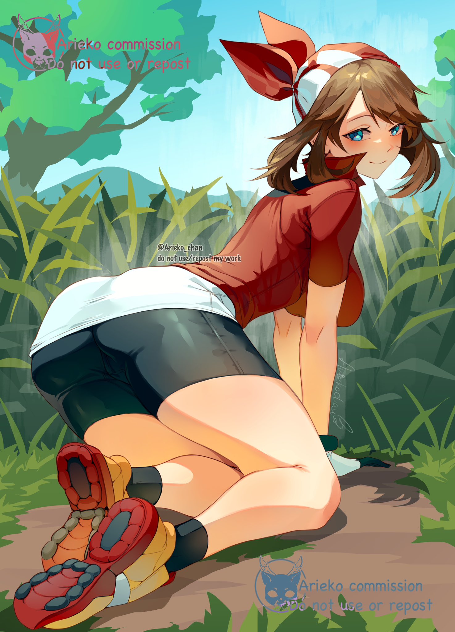 1girls, ariekochan, ass, bandana, bike shorts, bike shorts under shorts, black socks, blue eyes, blue sky, blush, breasts, brown hair, closed mouth, commentary, dirt, english commentary, fanny pack, female, female only, full body, gloves, grass, highres, large breasts, long hair, looking at viewer, may (pokemon), nintendo, outdoors, paid reward available, pokemon, pokemon rse, red bandana, red shirt, shirt, shoes, shorts, shorts under shorts, sky, smile, sneakers, socks, solo, tall grass, tree