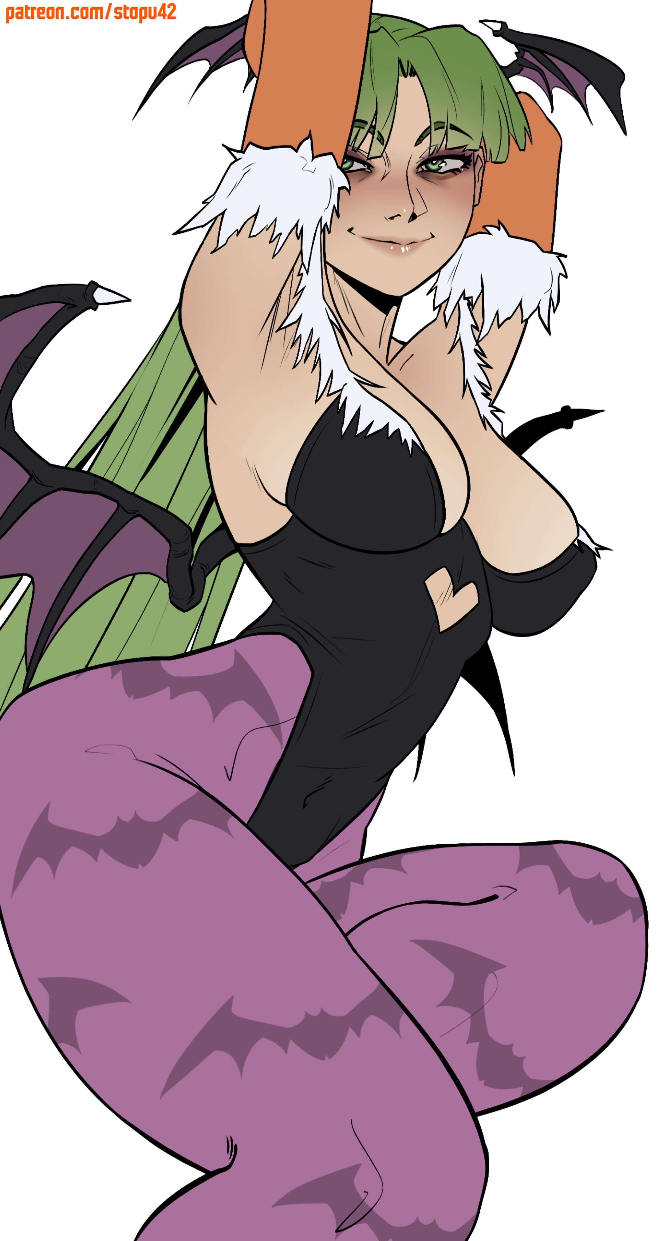 bat wings, darkstalkers, eye bags, eyebags, green eyes, long hair, morrigan aensland, solo, solo female, solo focus, stopu, succubus, thick thighs, wing horns, wings on head